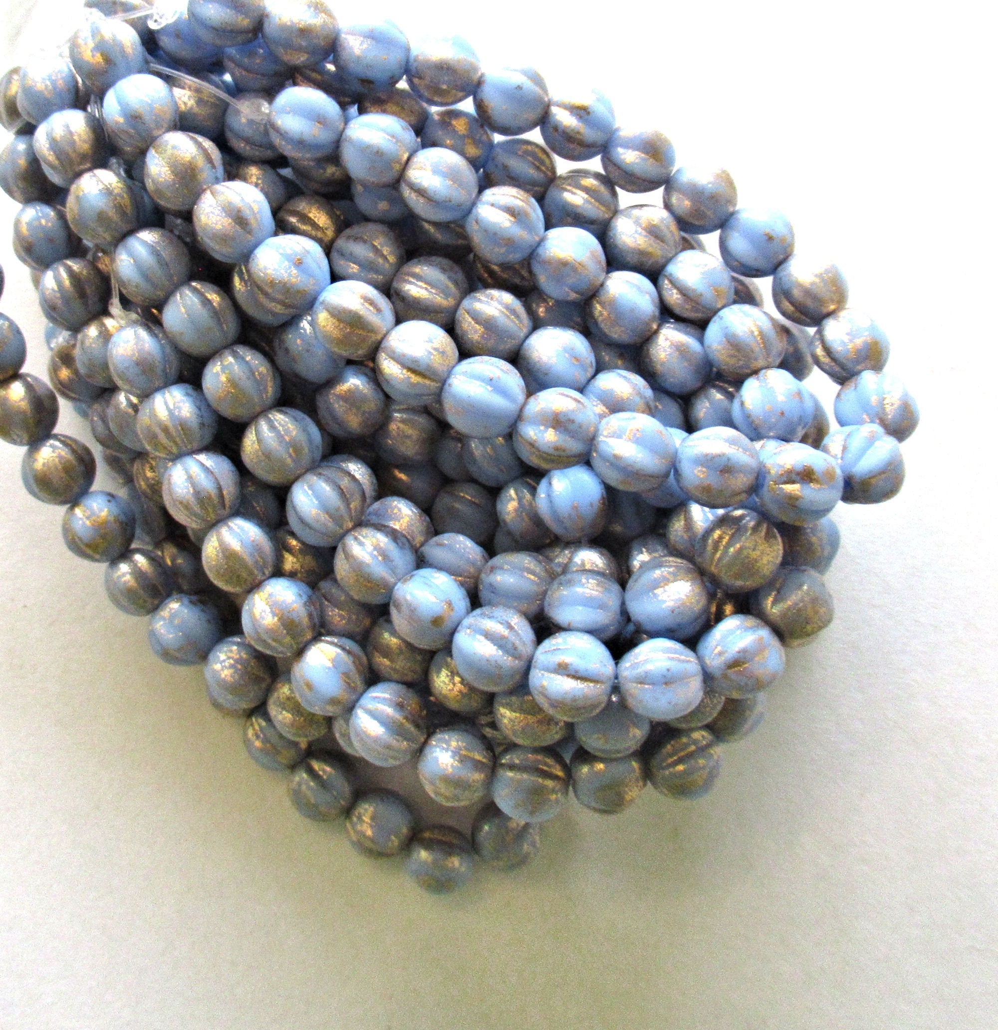 25 Czech pressed glass melon beads - 6mm opaque light periwinkle blue with gold accents - C0018