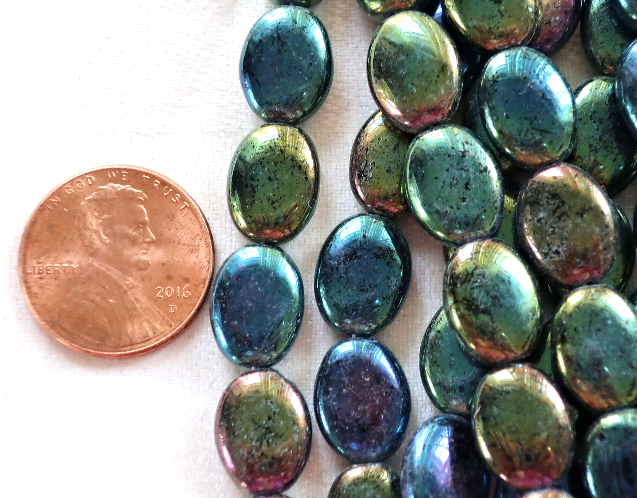 25 Green Iris flat oval Czech Glass beads, 12mm x 9mm pressed glass beads C0004