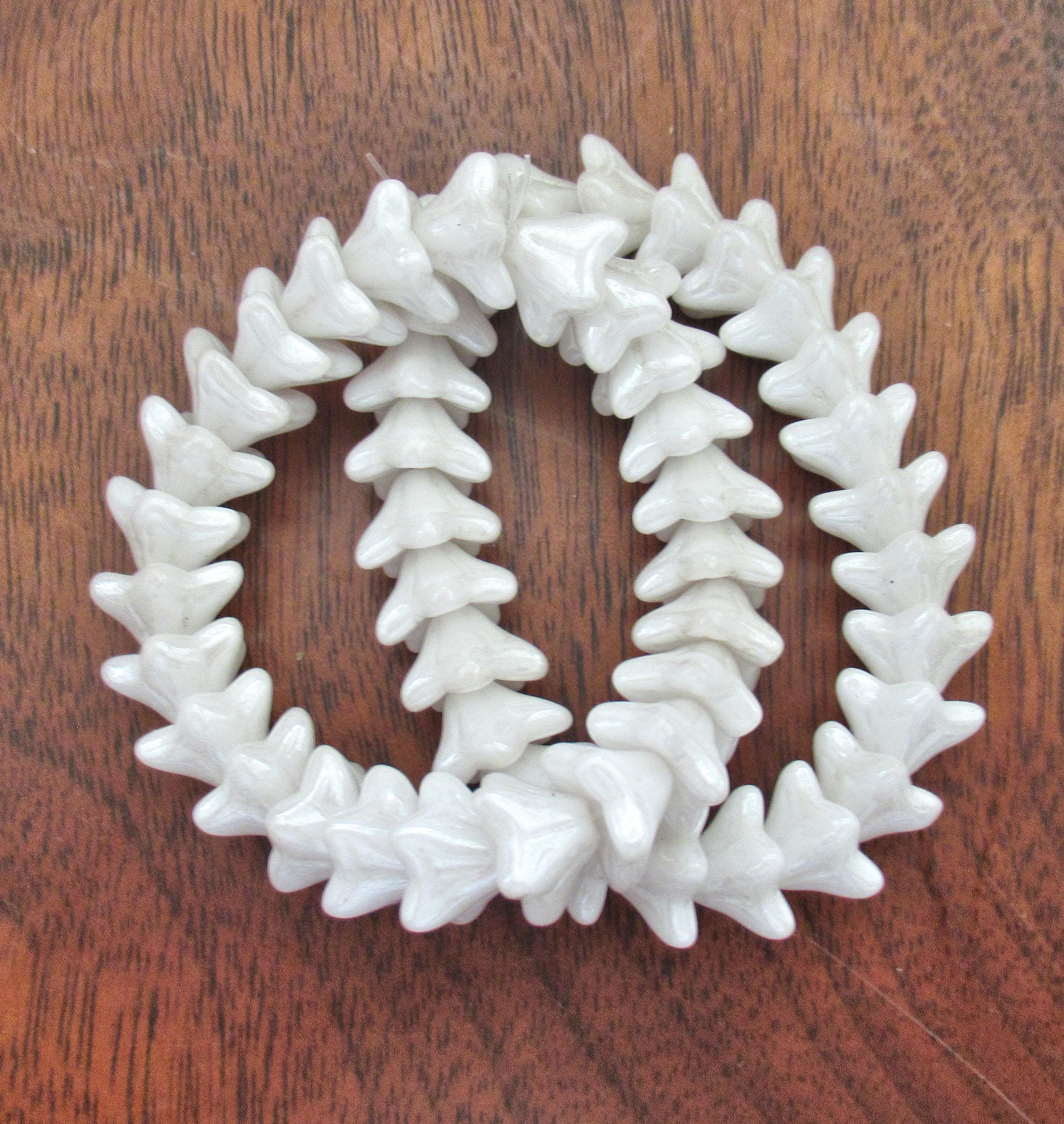 25 Czech glass bell flower beads- 9 x 6mm - opaque white luster pressed glass beads - C00381