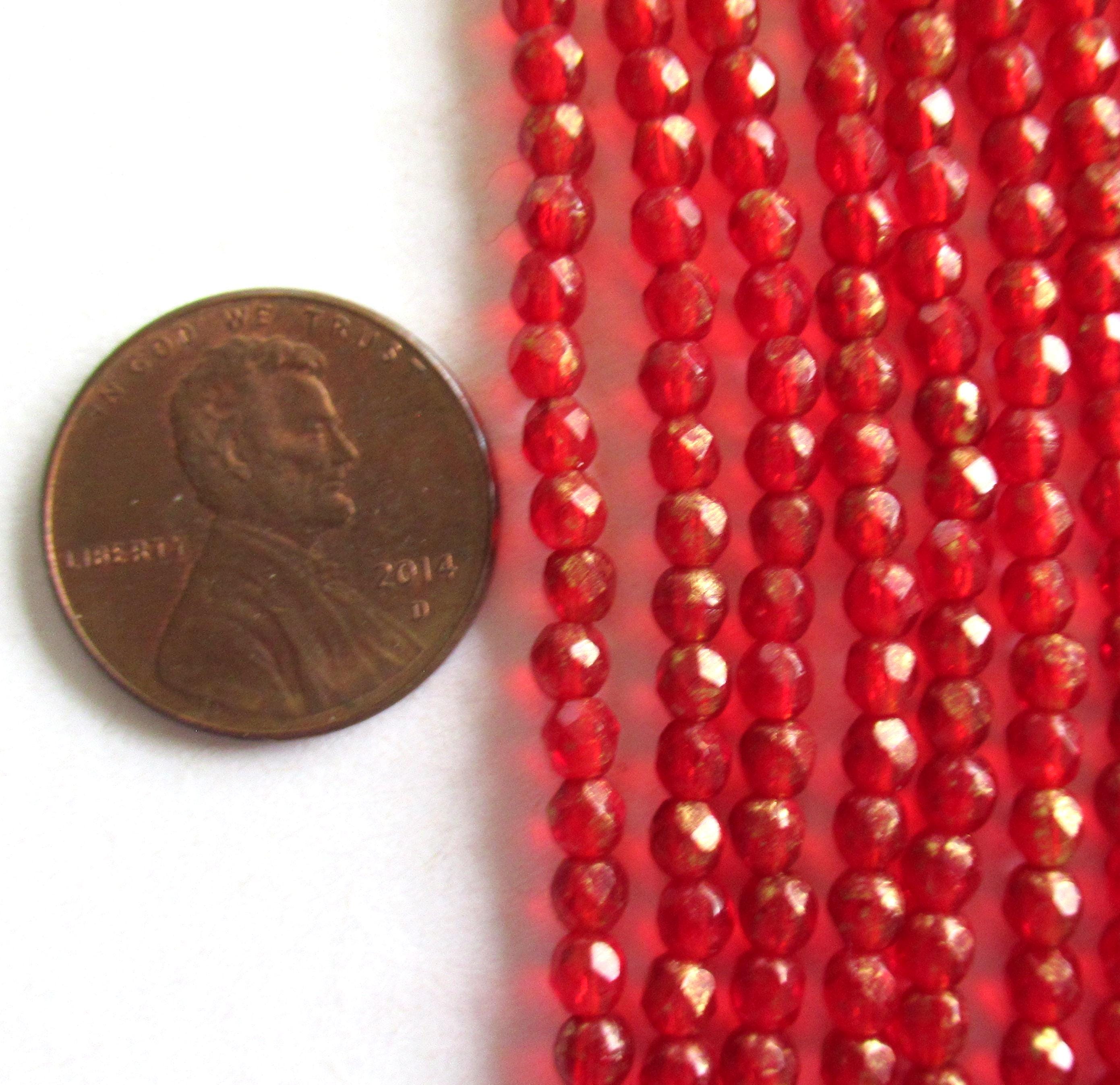 Lot of 50 3mm faceted Czech glass beads - Gold Marbled Siam Ruby Red - fire polished faceted round beads - C0094