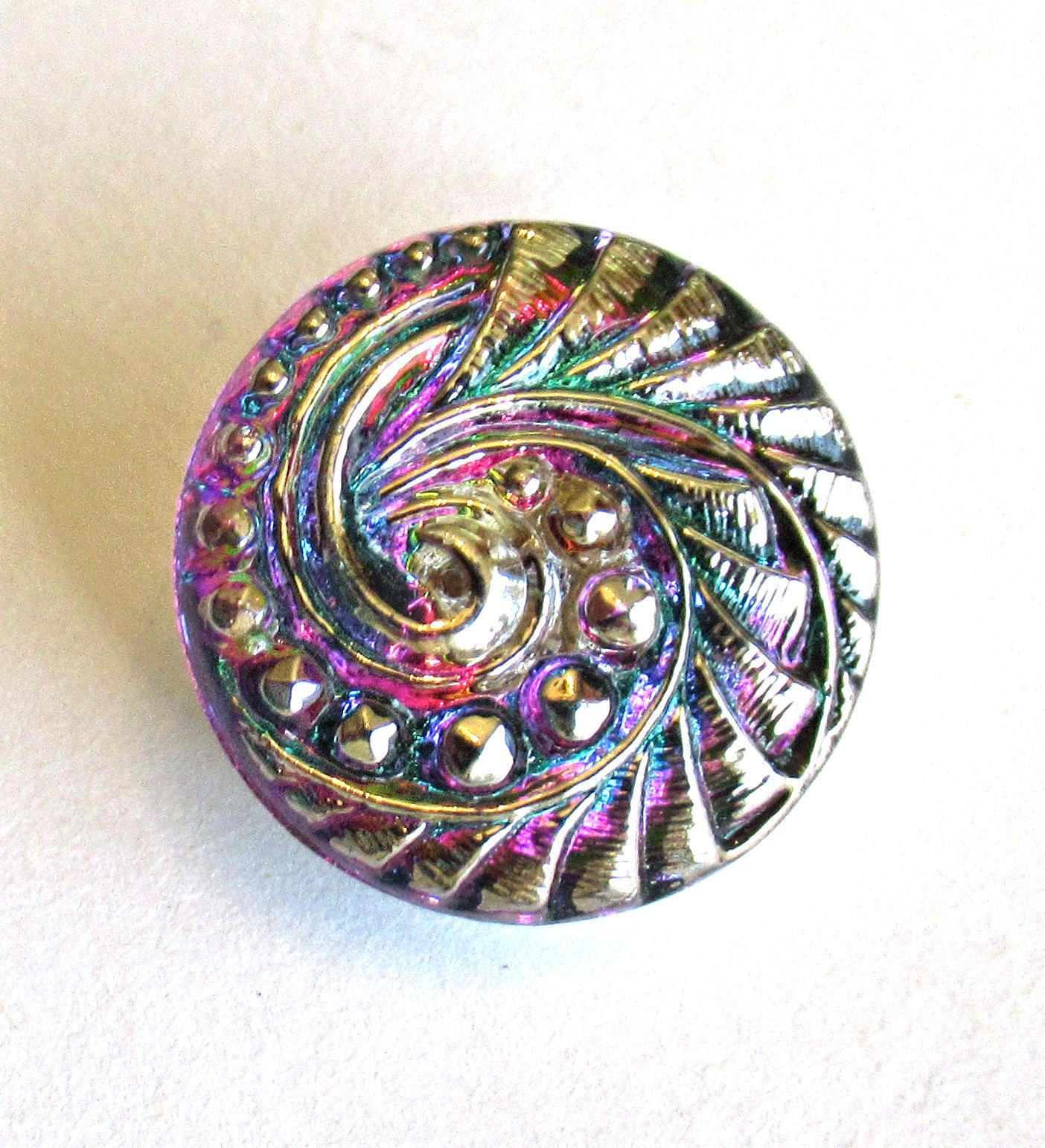 One 18mm iridescent Czech glass button - pink purple & green swirl pattern with silver highlights - decorative shank button 000072