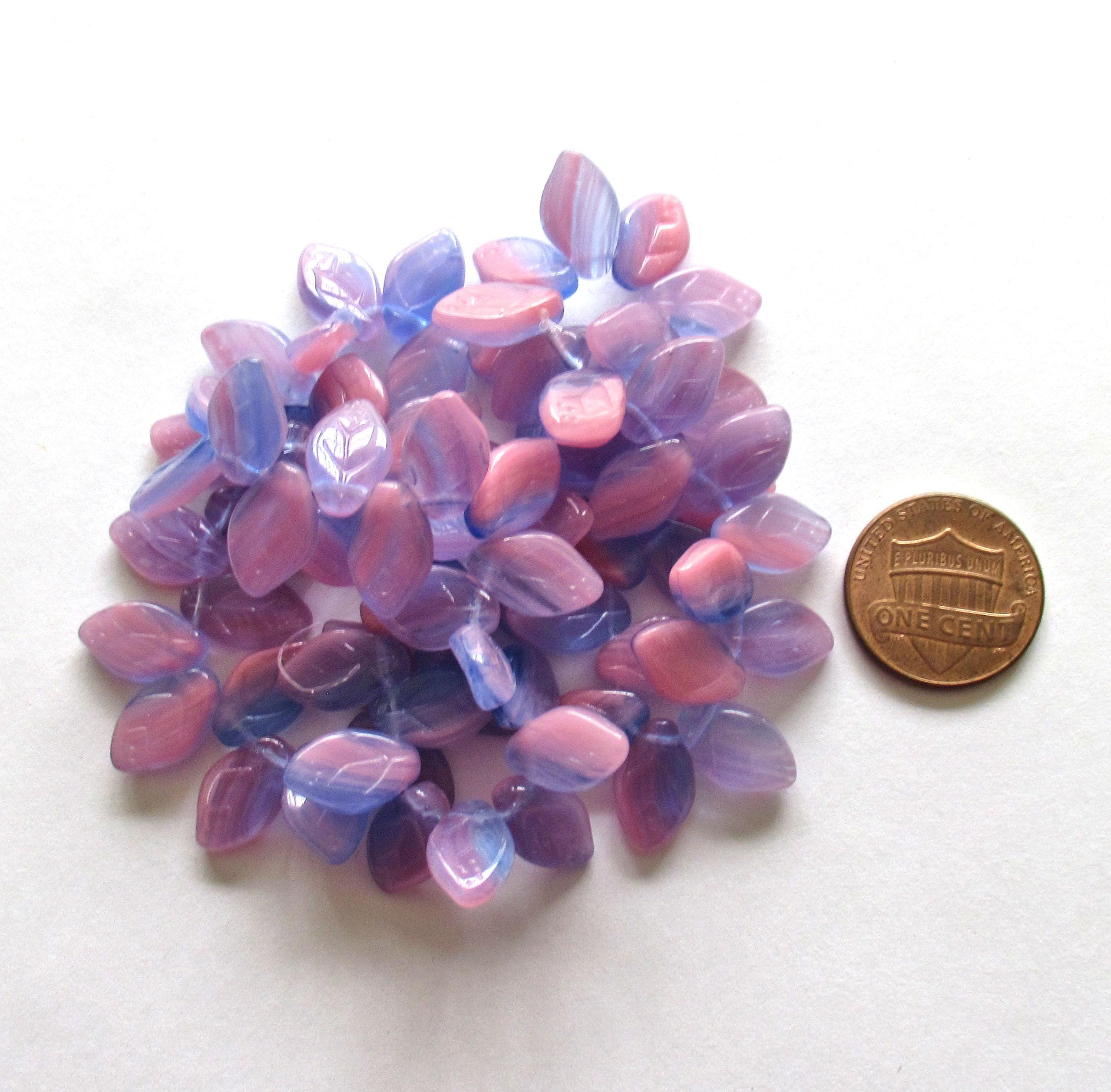 25 Czech glass leaf beads - pink & blue marbled mix - 12 x 8mm - side drilled leaves - C00501