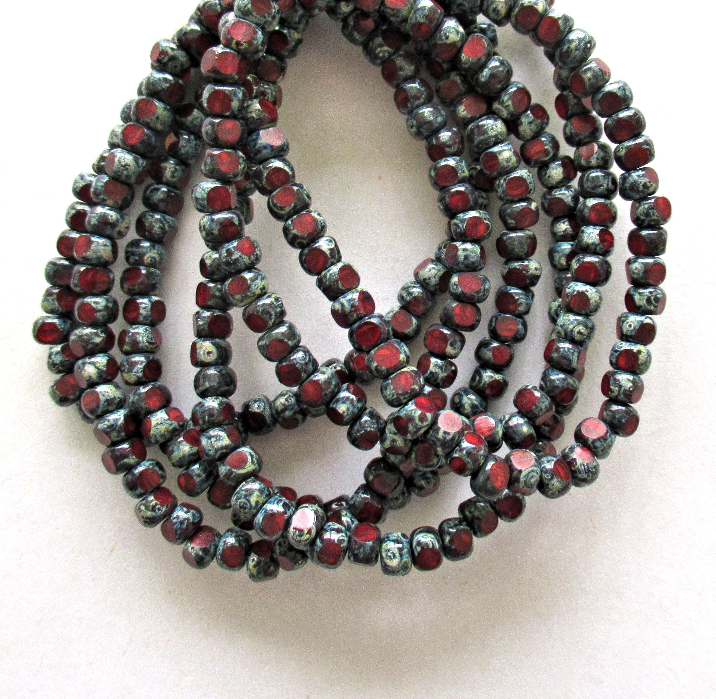 50 4 x 3mm Czech glass Tri cut beads - opaque red picasso earthy rustic 6/0 faceted garnet seed beads C00151