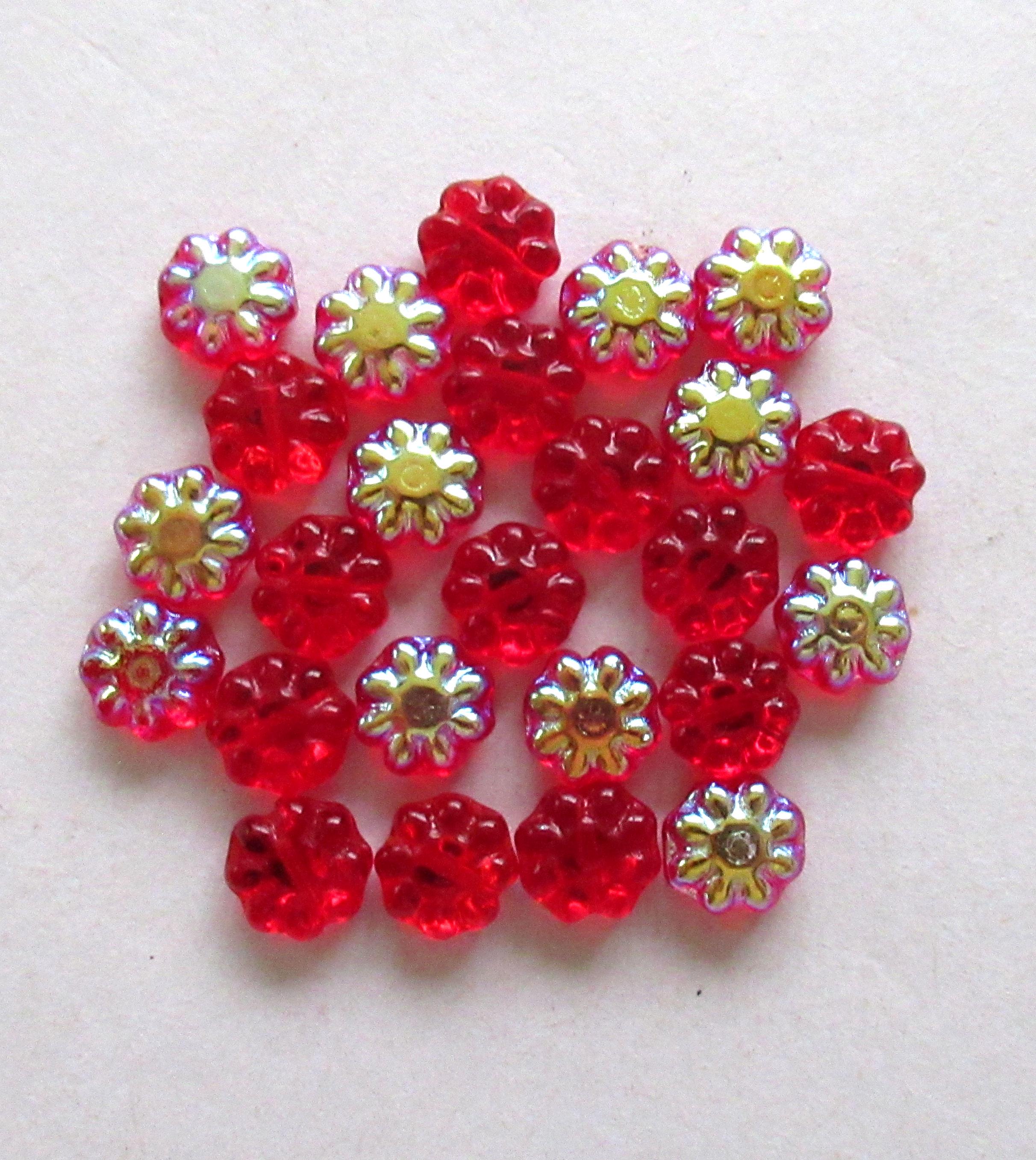 25 9mm Czech glass flower beads - transparent siam red ab daisy disc beads - pressed glass floral beads -C0063