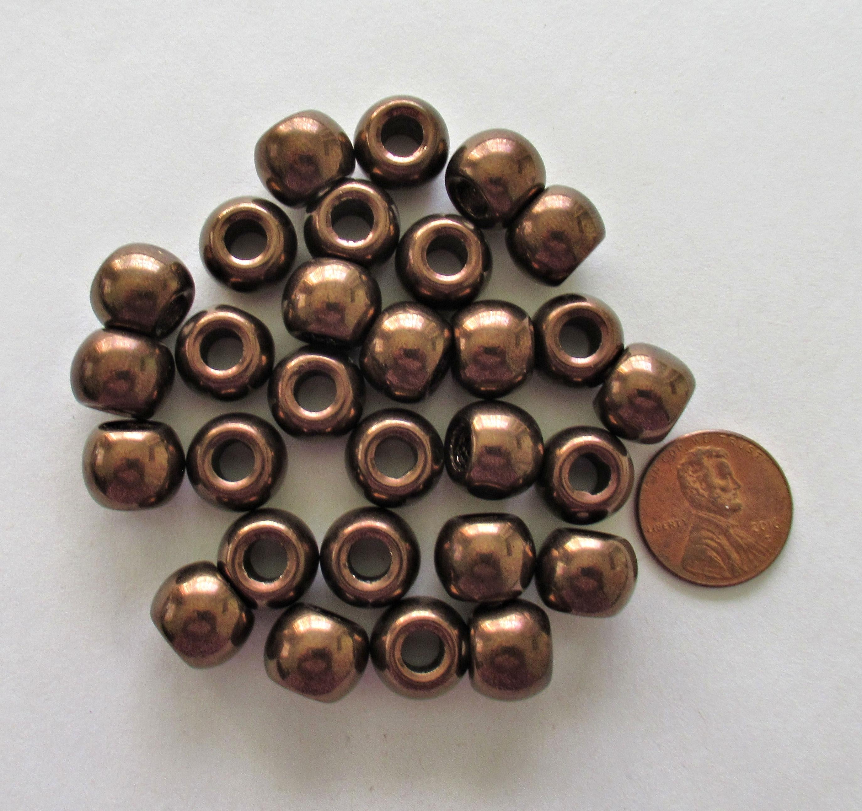 Large big hole round druk beads - 12mm - metallic bronze Czech glass druks - large 4mm holes - six pieces - C00401