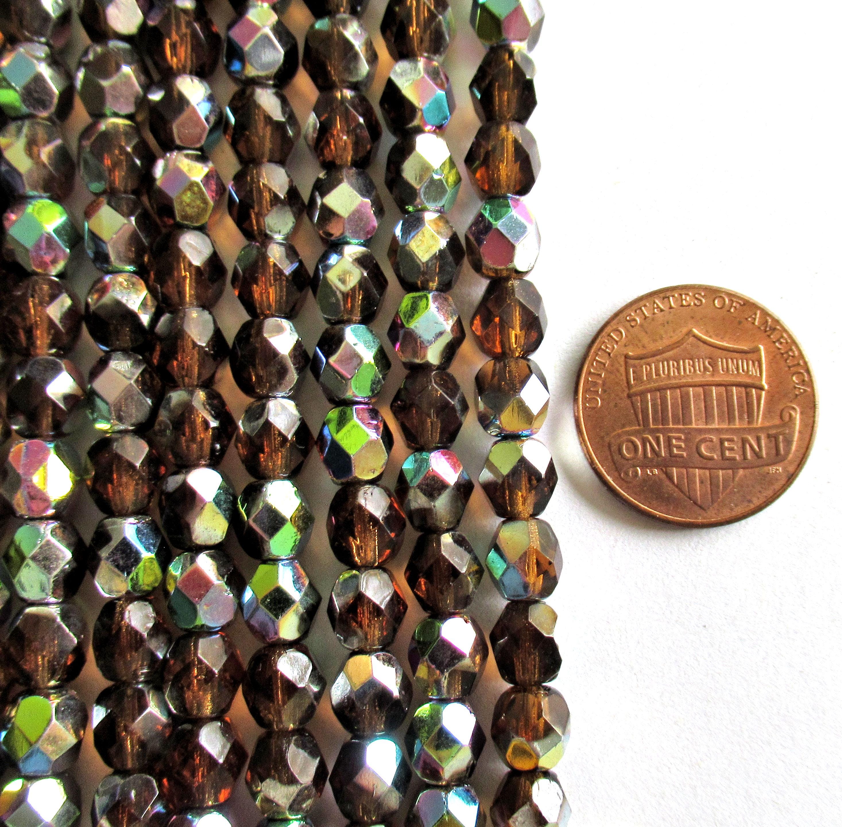 25 6mm Czech glass beads - smoky topaz brown vitral - faceted round fire polished beads C0094