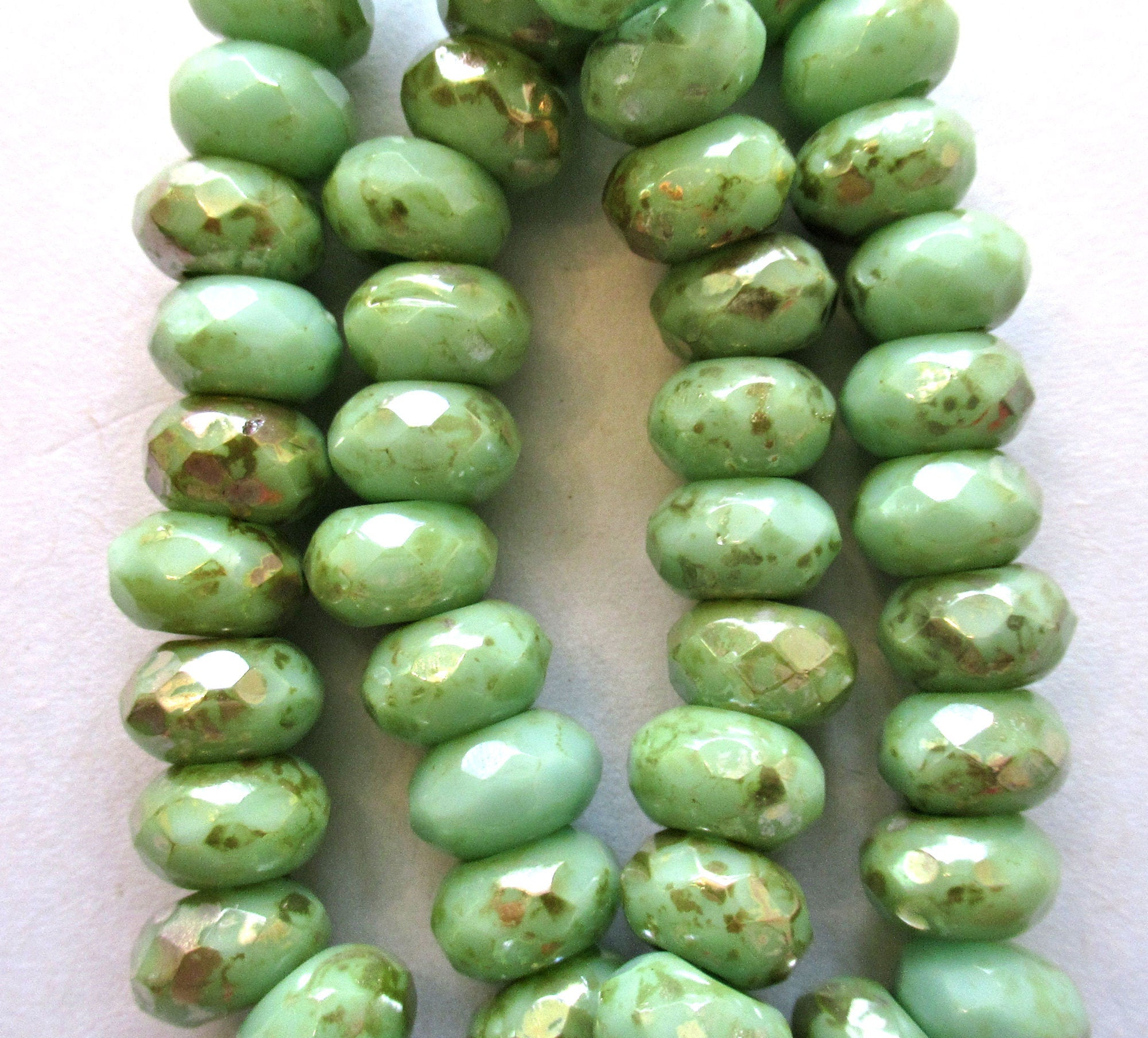 Ten Czech glass faceted roller or rondelle beads - opaque mint green w/gold picasso finish - 86 x 9mm big 3.5mm hole tyre beads 000711