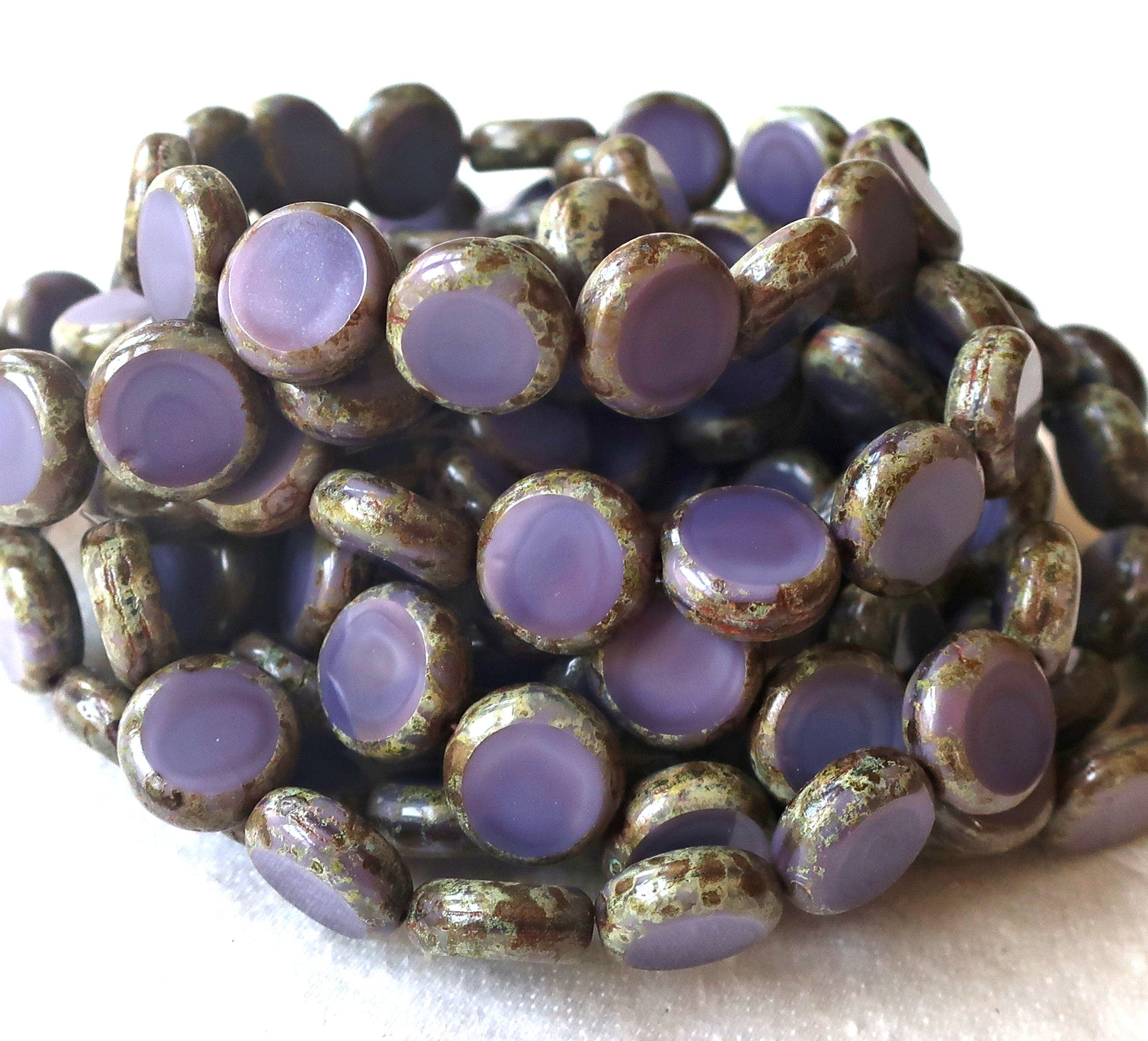 Purple silk Czech glass coin beads - 11mm disc beads - flat round table cut beads - opaque purple silk picasso beads - 10 pieces - 000171