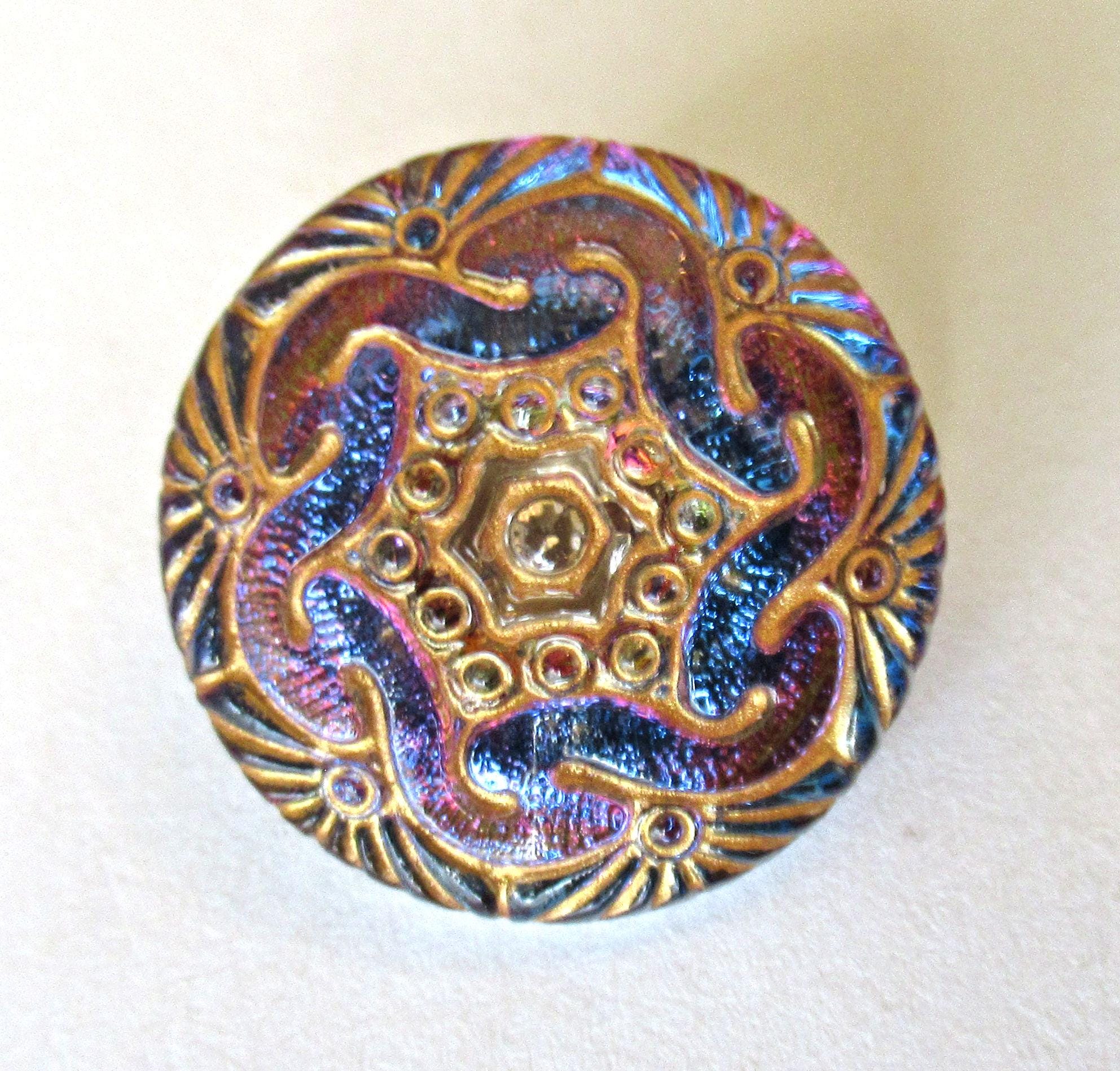One 18mm Czech glass swirl button - iridescent blue & purple with gold accents - art glass button - decorative shank buttons 00052