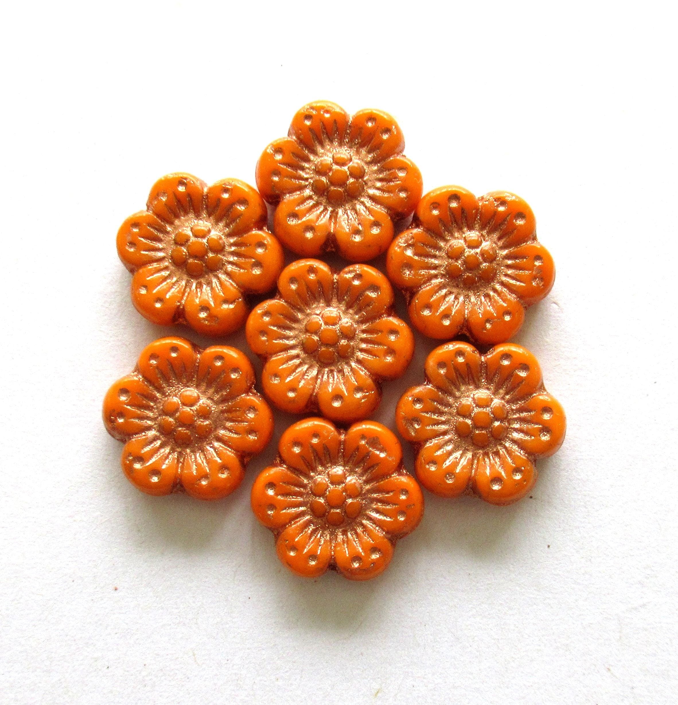 Czech glass wild rose flower beads - 14mm - opaque orange floral beads with a copper wash - 10 beads - C0471