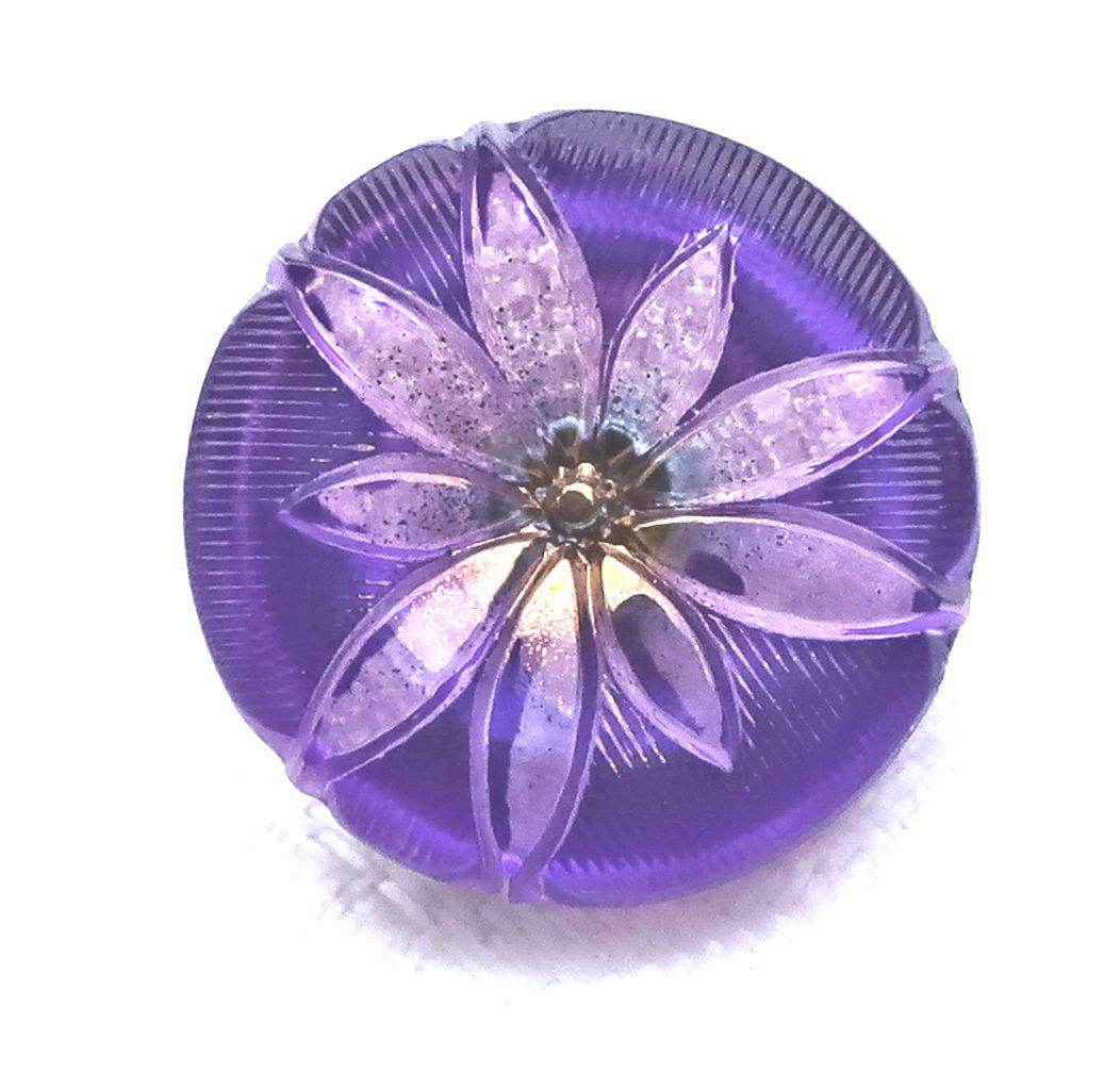 One 18mm Czech glass button, lavender lotus flower on a purple background with gold accents, decorative floral shank button 53201