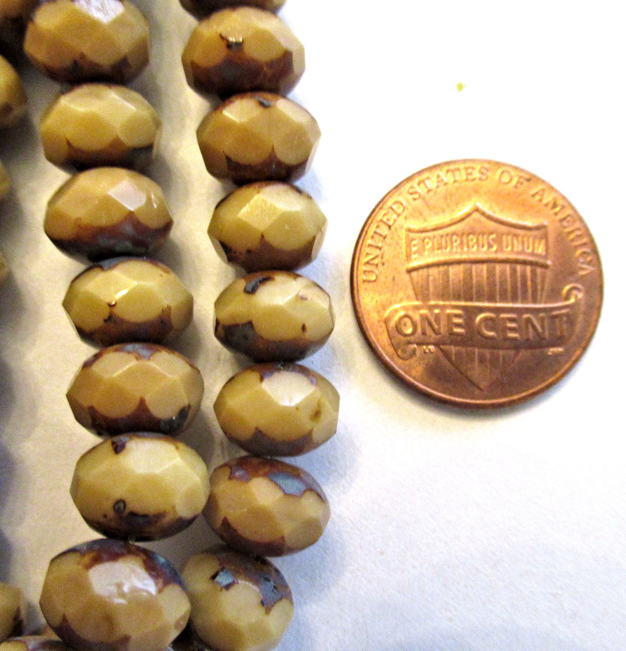25 6 x 8mm Czech glass faceted puffy rondelles - opaque light brown or beige picasso rondelles 400362