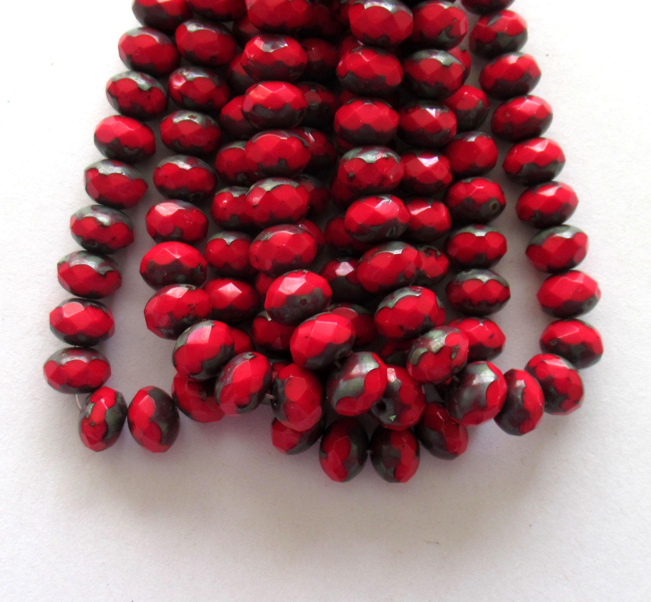 Twenty-five 6 x 8mm Czech glass puffy rondelles - opaque deep red picasso - faceted fire polished rondelle beads - 00822