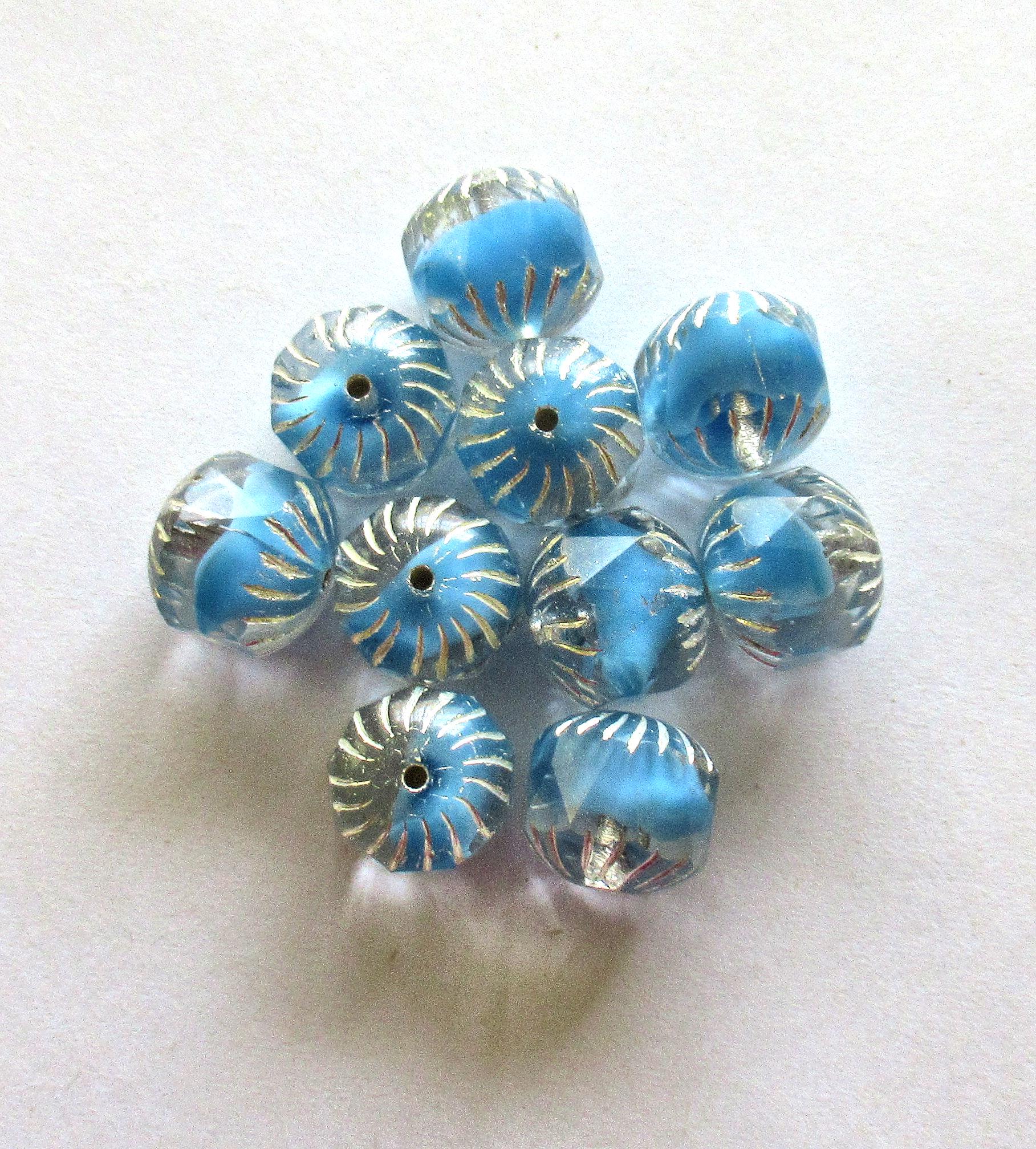 Ten Czech glass faceted carved cruller beads - 10mm - sky blue silk and crystal clear mix - cathedral beads w/ silver accents - 00024