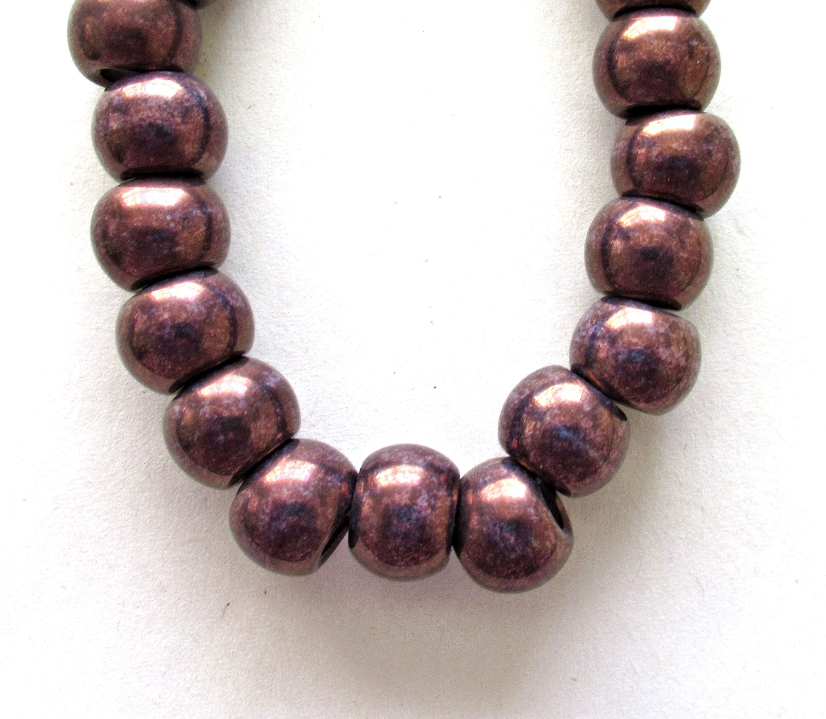 Large big hole round druk beads - 12mm - metallic purple bronze Czech glass druks - large 4mm holes - six pieces - C00401