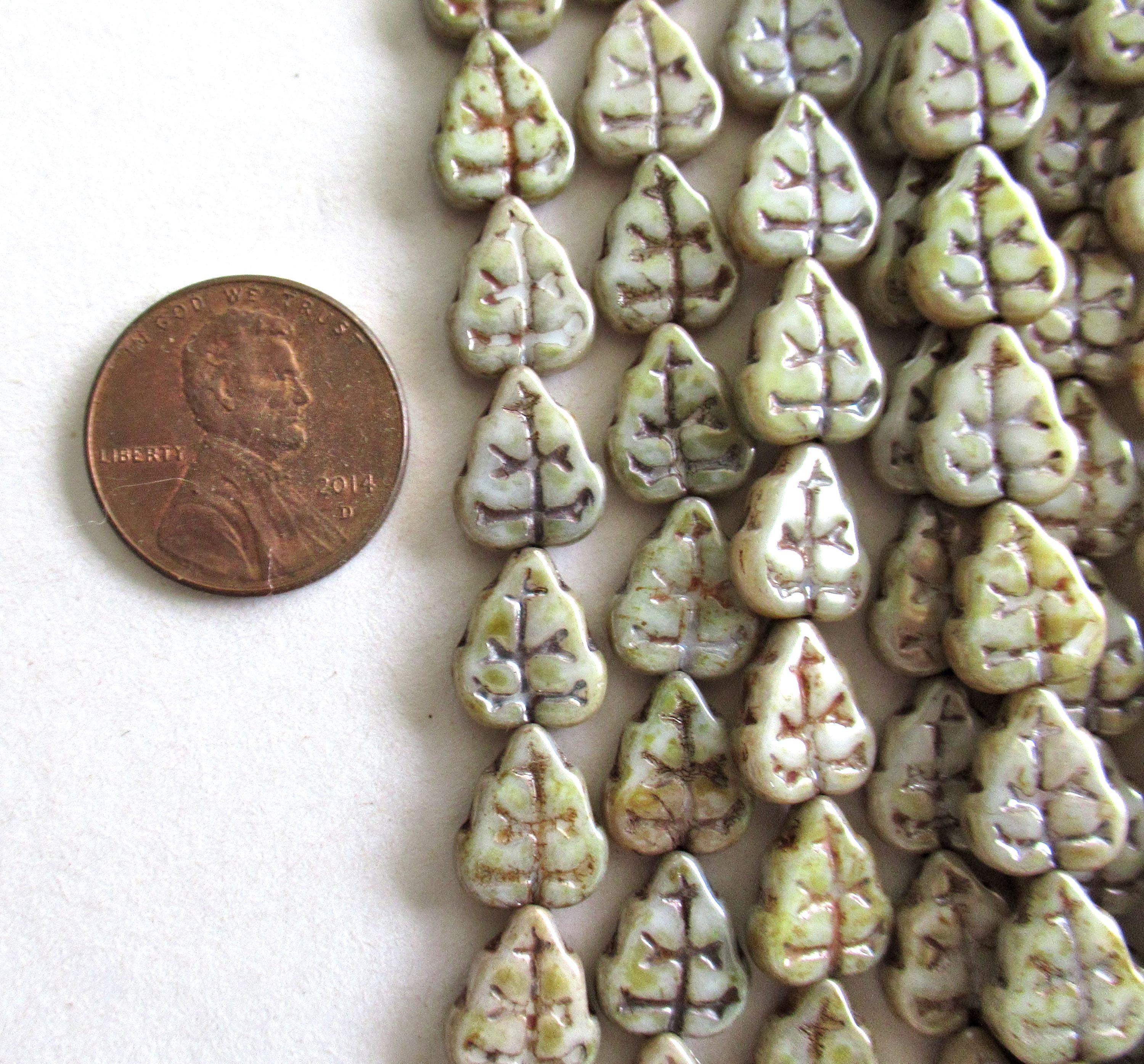 25 Czech glass leaf beads - opaque luster green picasso - 8 x 10mm leaves - C0006