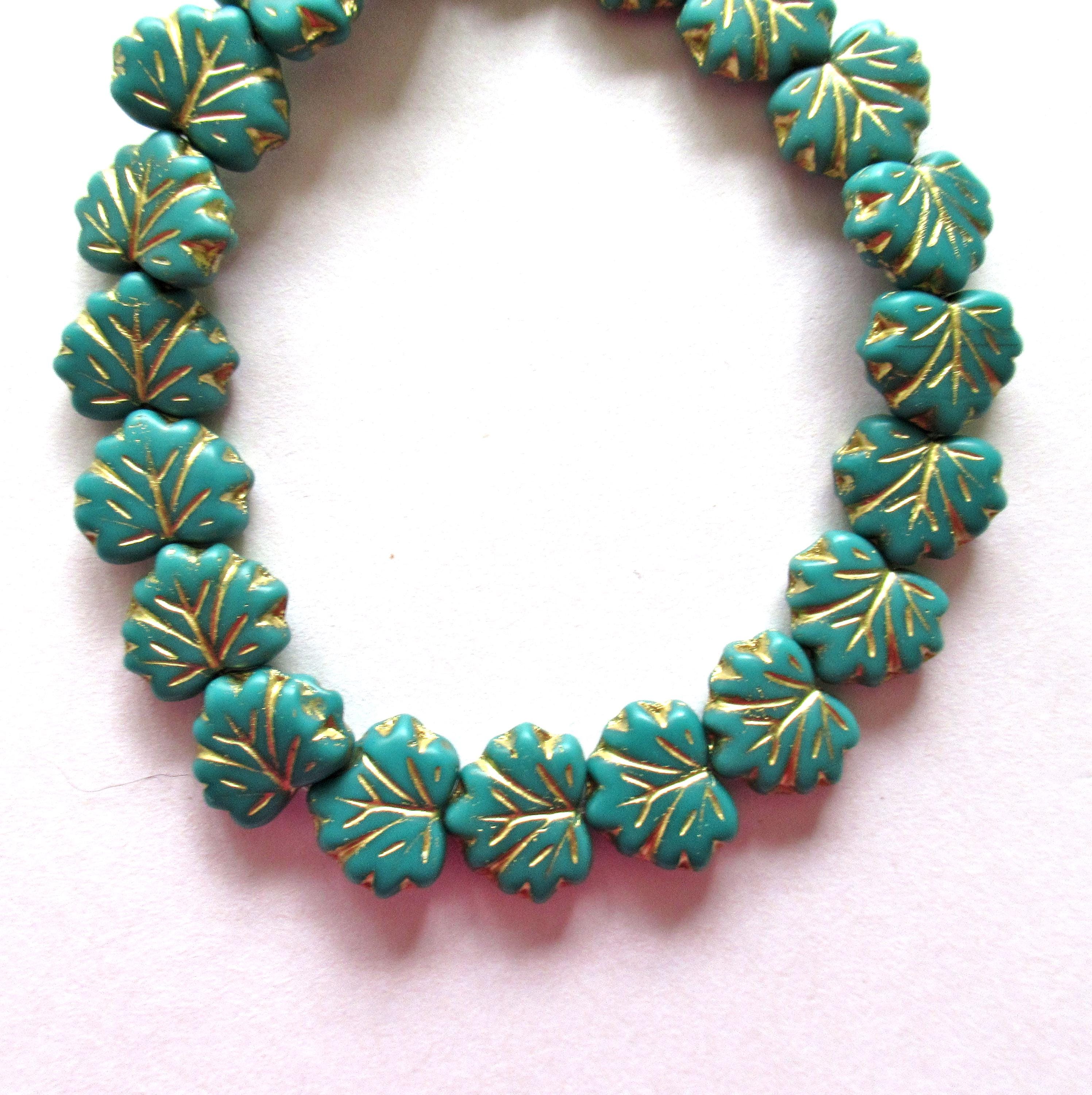 10 Czech glass maple leaf beads - opaque tiffany green leaves with gold accents - center drilled 13 x 11mm leaves C00201