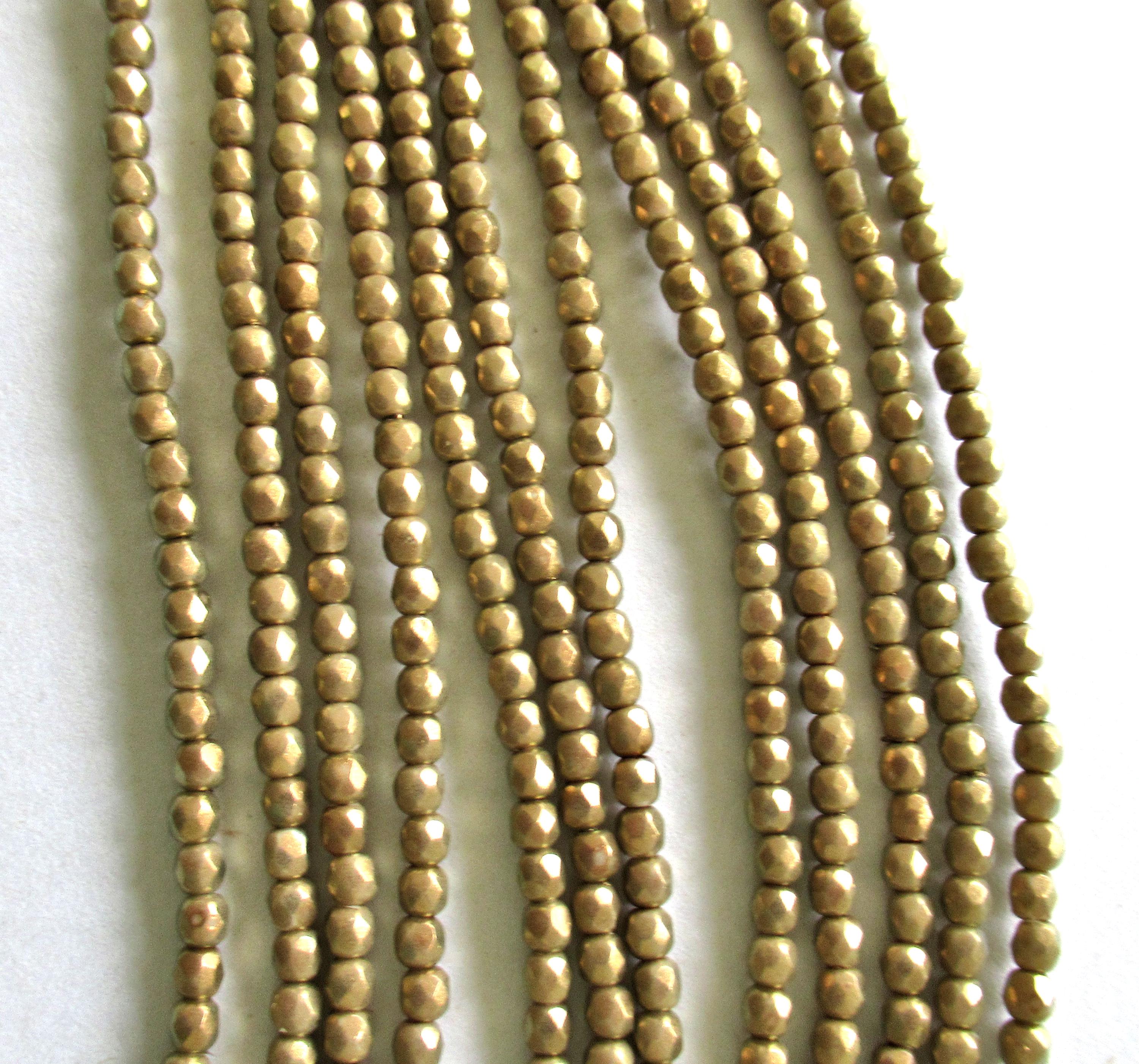 50 3mm Halo Ethereal Linen Czech glass beads - opaque neutral khaki or tan beads w/ gold finish - faceted fire polished round beads - C0008
