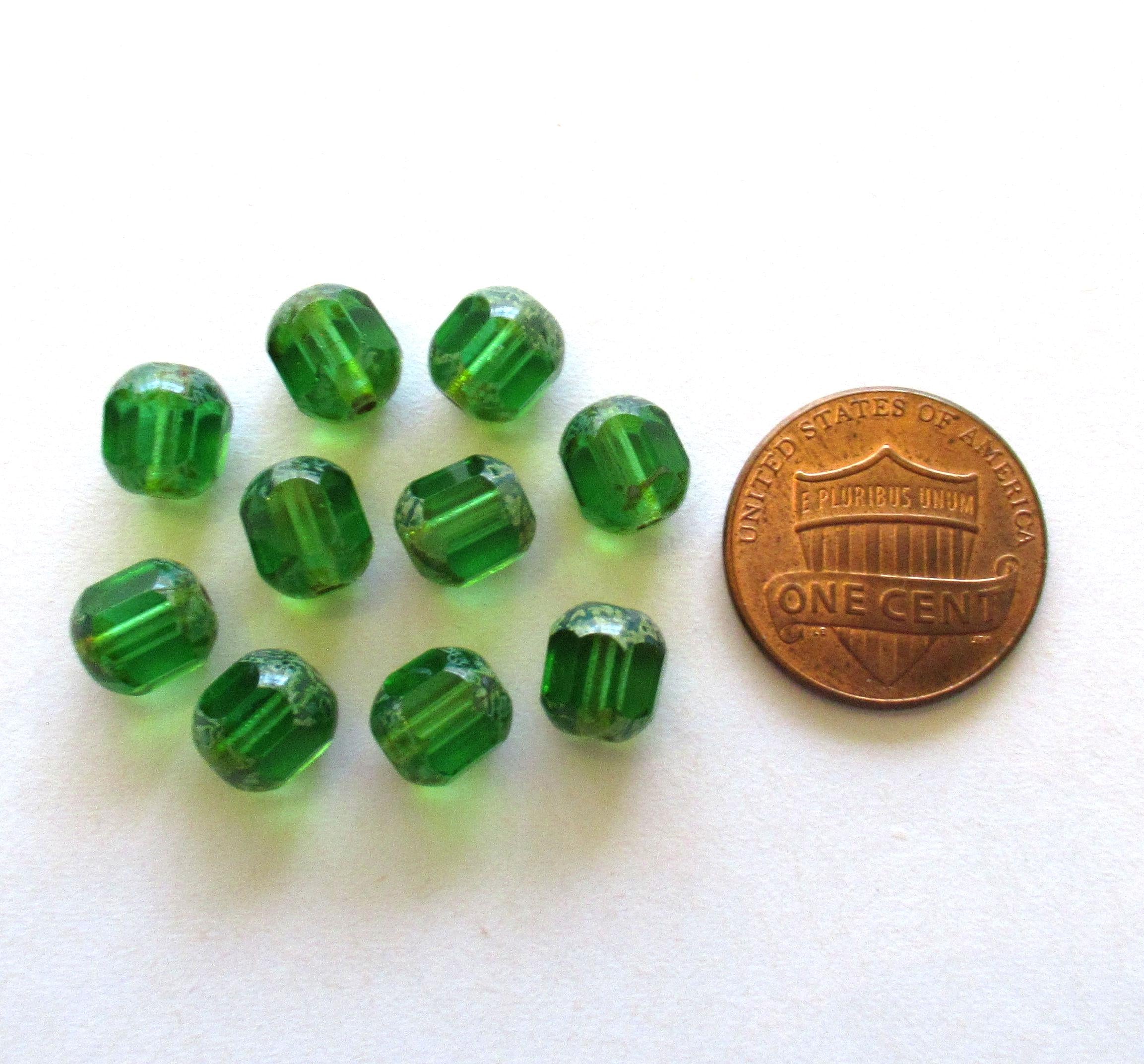 15 Czech glass faceted cathedral or barrel beads six sides - 8mm - emerald green beads with a picasso finish on the ends - C0007