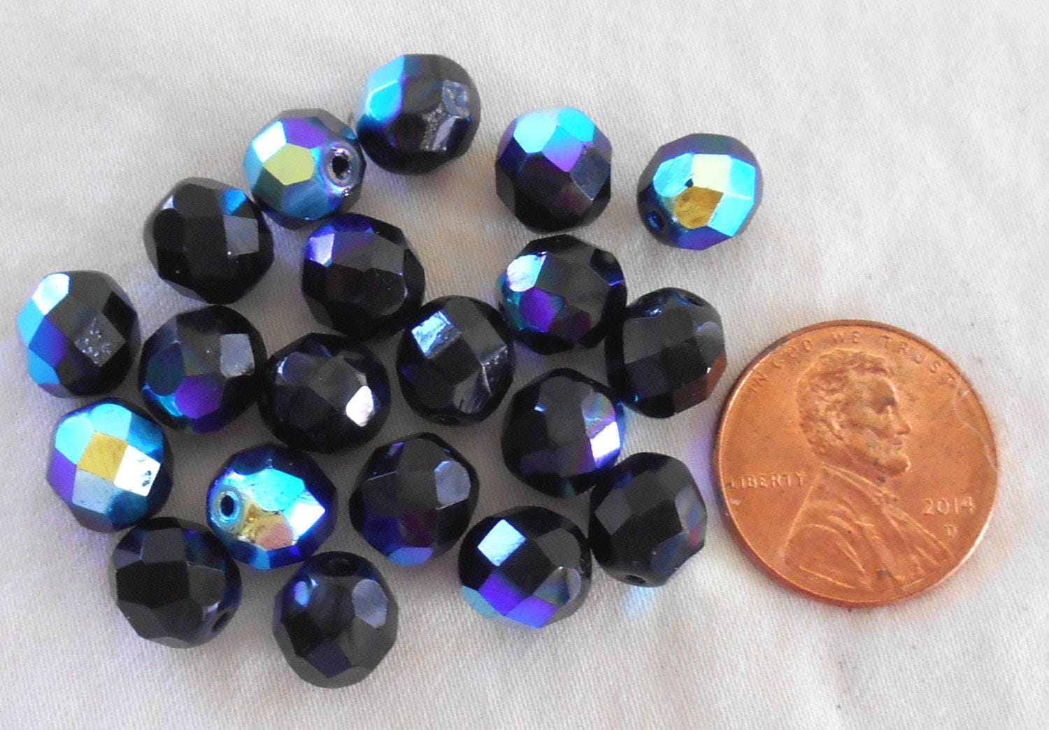 25 8mm Jet black AB Czech glass beads, fire polished faceted round glass beads
