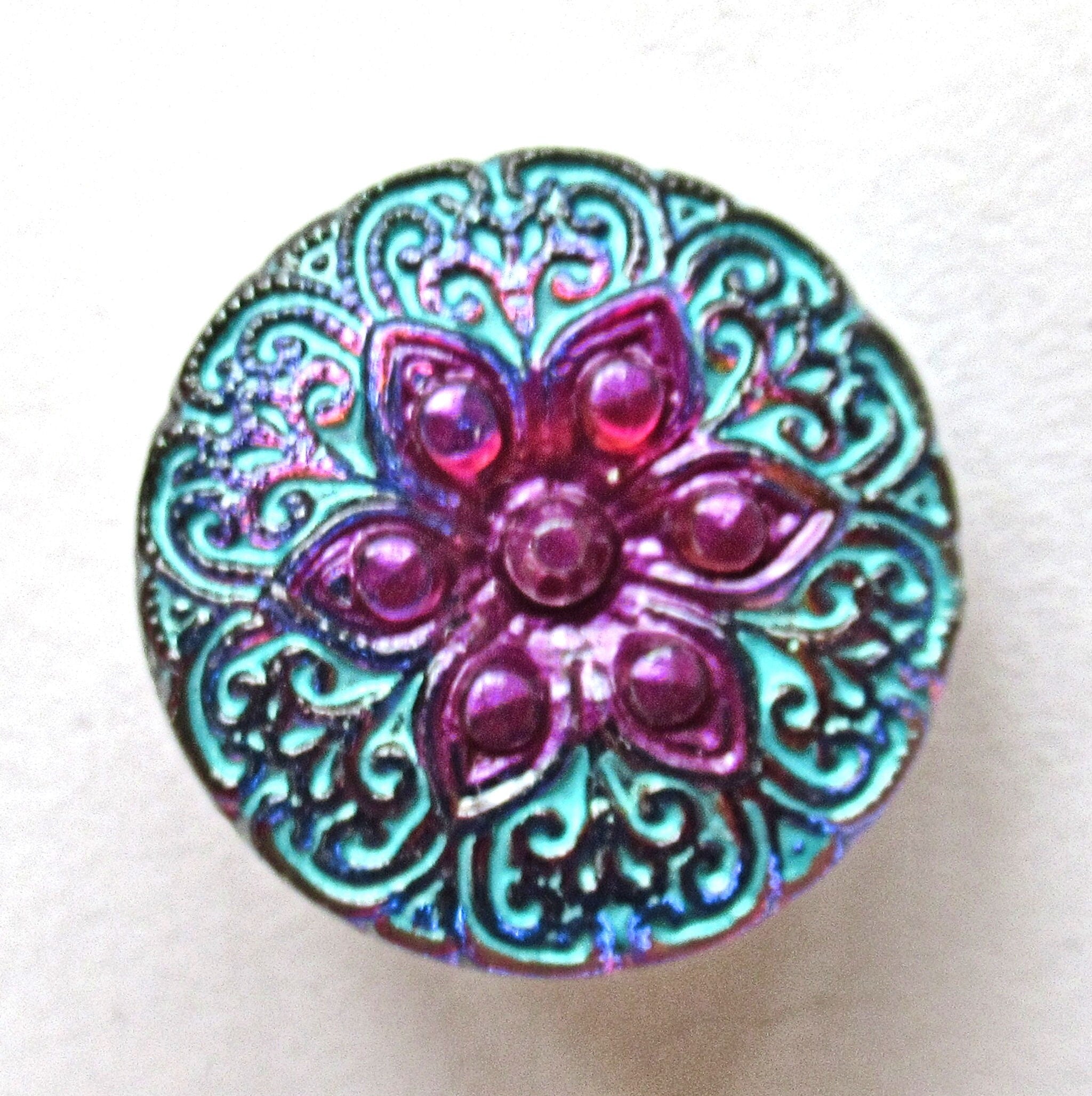 One 18mm Czech glass button - blue purple & pink star or flower button with a turquoise wash - iridescent decorative shank buttons 56101