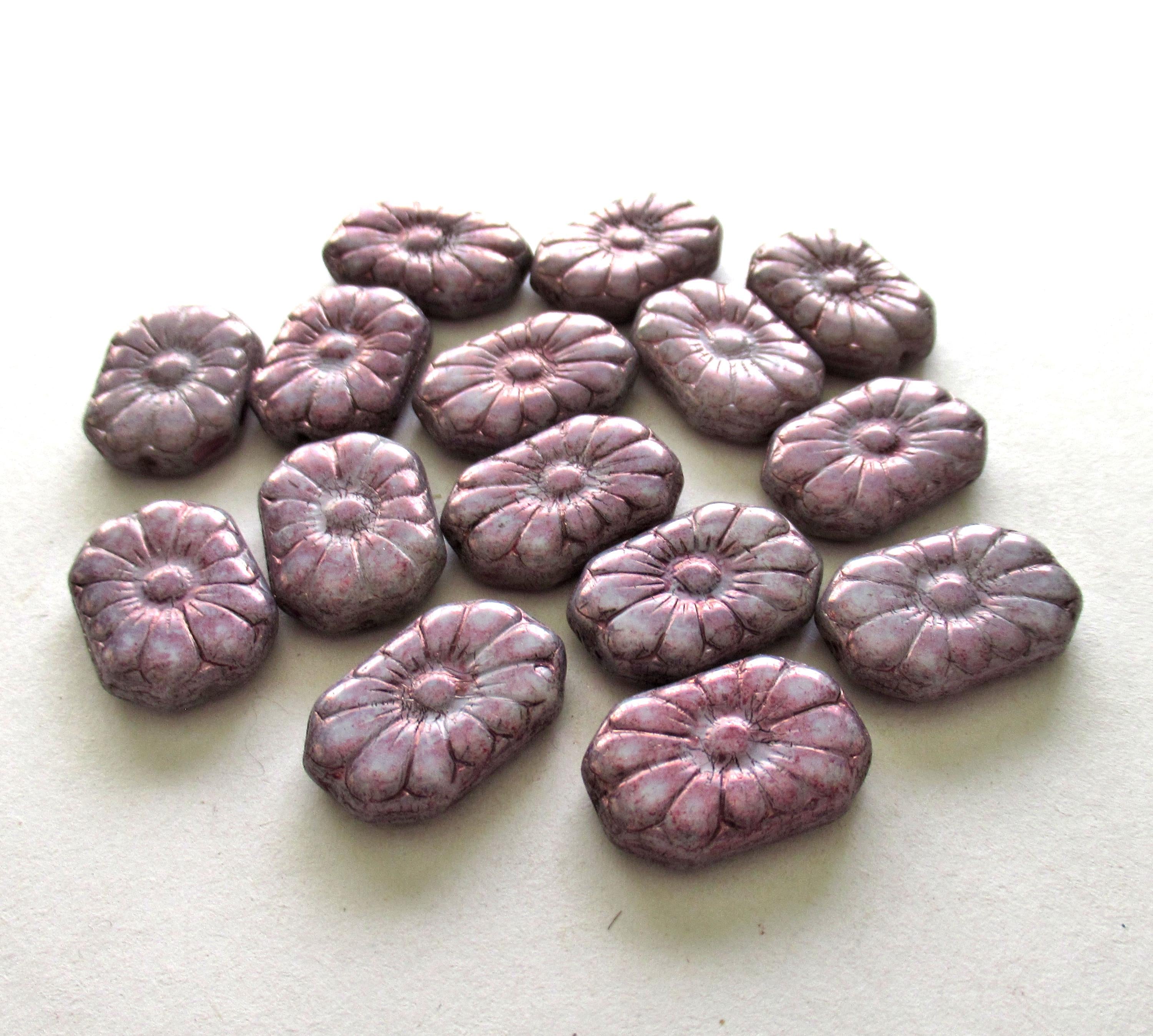 Five large Czech glass flower beads - splotchy purple rectangle beads - focal or statement beads - 19 x 14mm - C00011