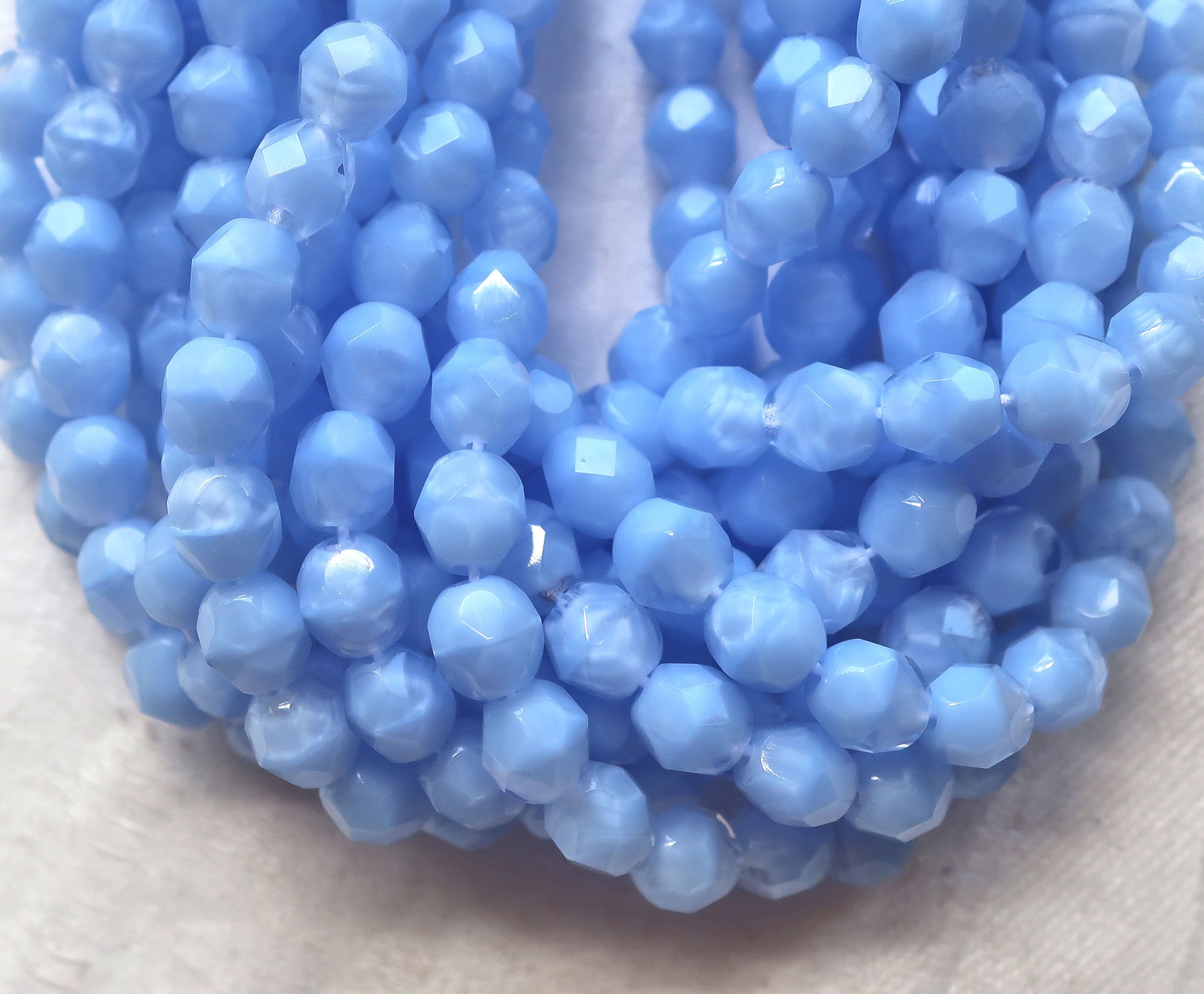 25 6mm Czech glass beads, marbled opaque and transparent light coral blue fire polished faceted round beads C7425