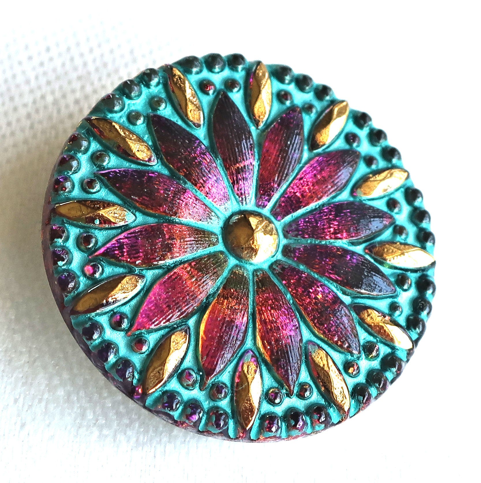 One 31mm Czech glass daisy flower button - iridescent pink & purple with gold accents and a turquoise wash - decorative shank button - 00054