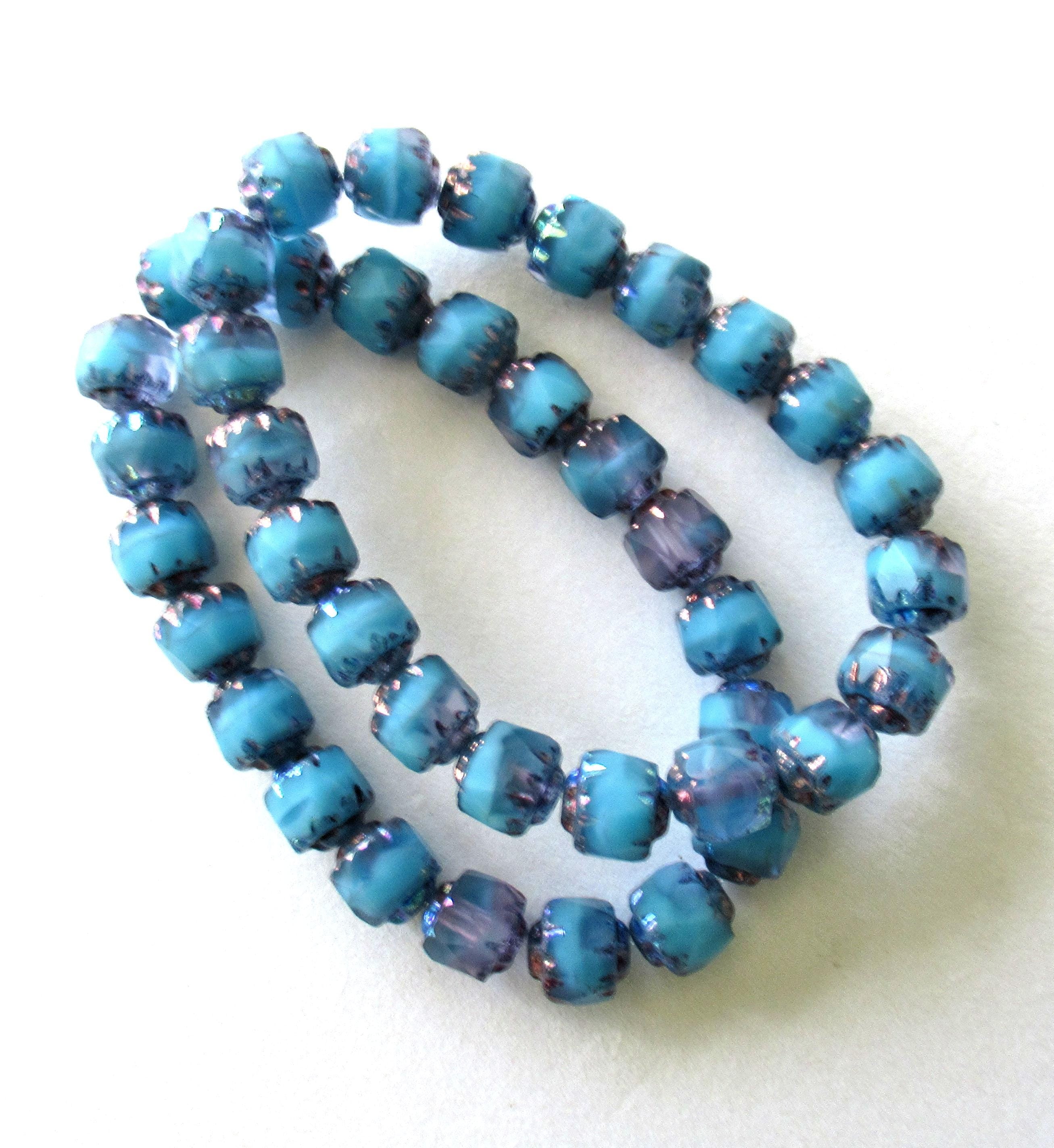 20 6mm Czech glass cathedral beads - blue w/ purple bronze picasso accents - faceted fire polished antique cut beads C00571
