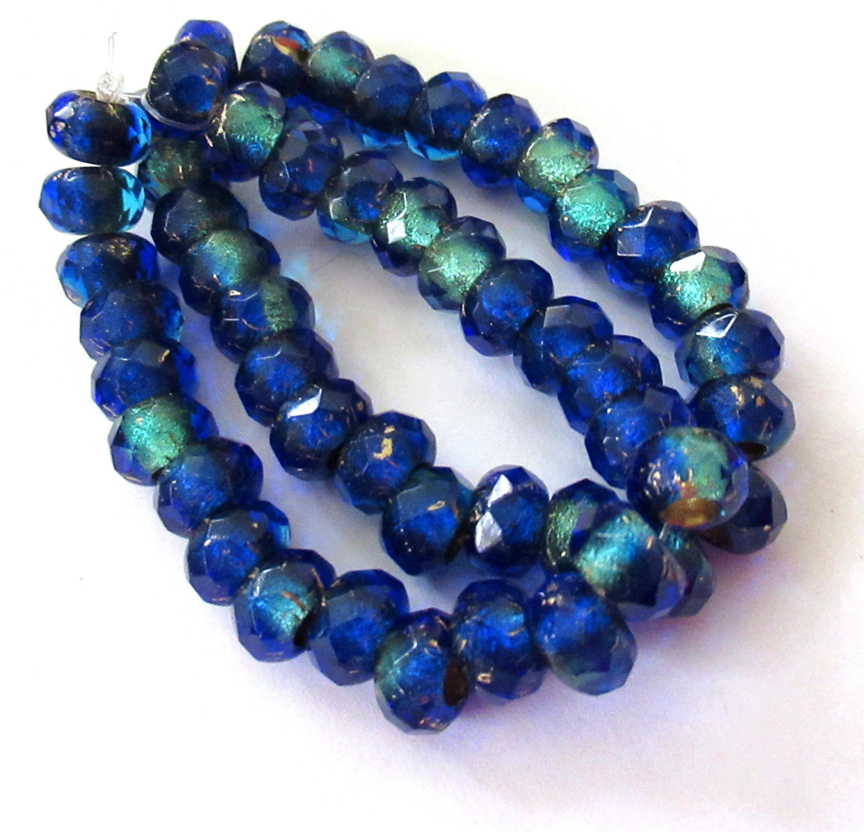 Ten faceted Czech glass roller or rondelle beads - sapphire & aqua blue gold lined - 6 x 9mmmm - big 3mm holes - big hole donut beads 00911