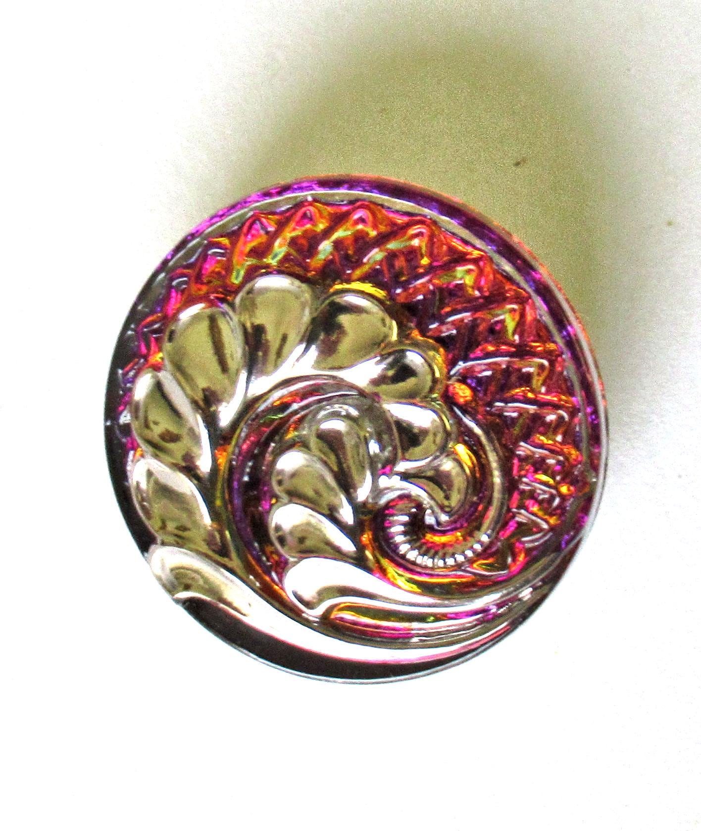 One large 27mm Czech glass frond button - iridescent pink purple & orange with silver - ornate decorative shank button - C00072