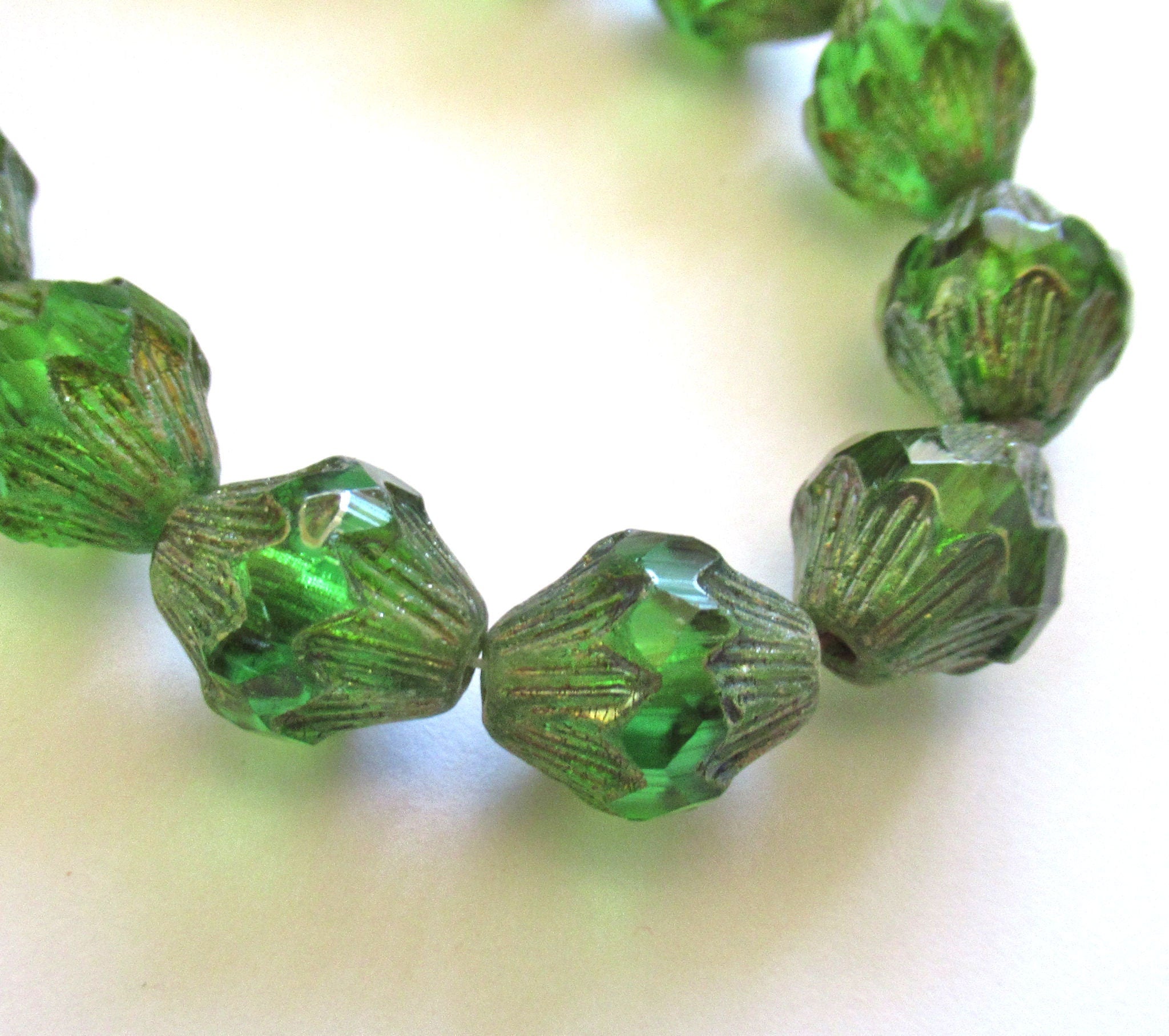 Lot of five 13mm Czech glass bicones - large emerald green picasso chunky, faceted bicone beads - C0067