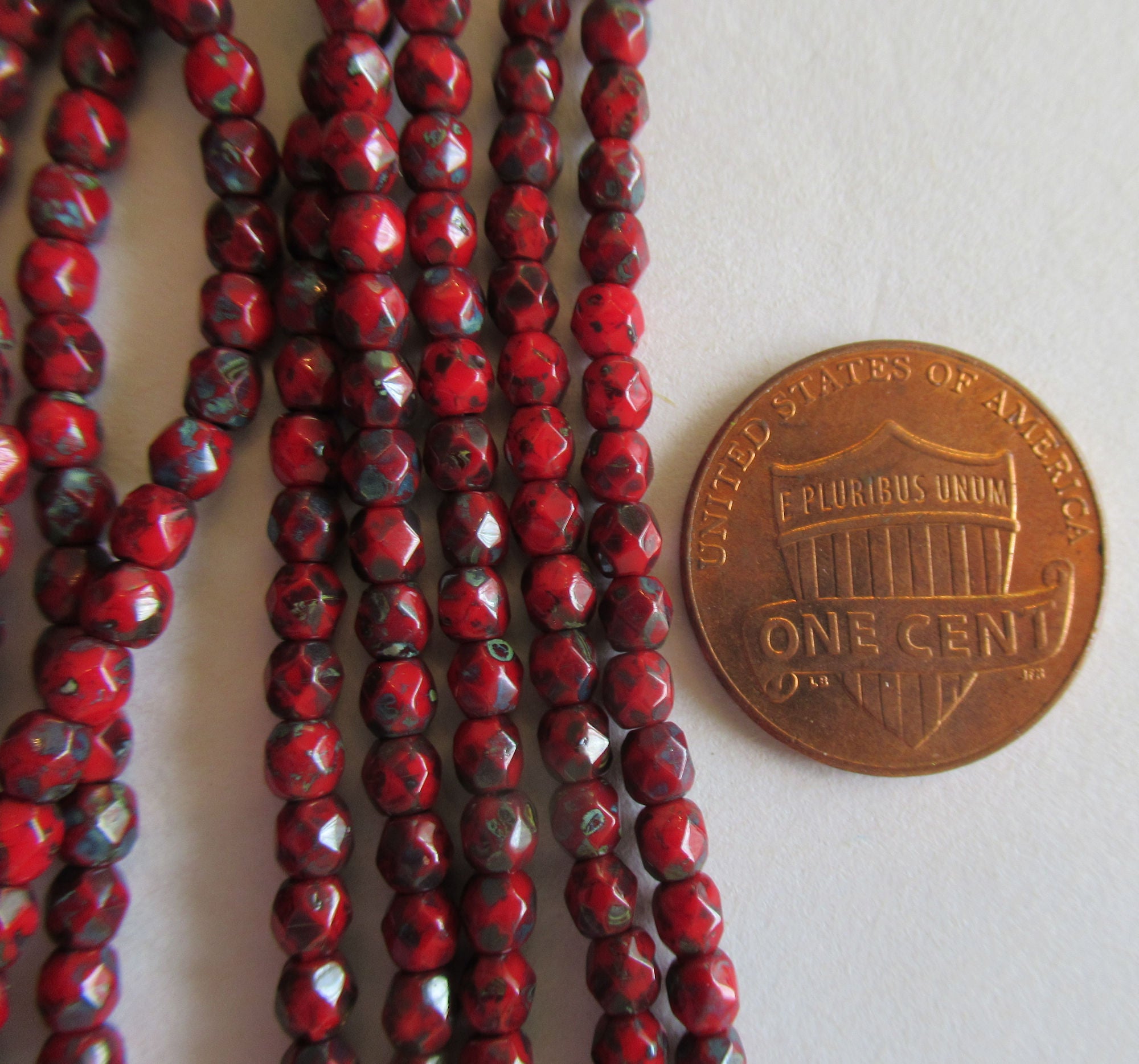 Fifty 3mm Czech Opaque Red Picasso glass round faceted firepolished beads, C1550 - Glorious Glass Beads
