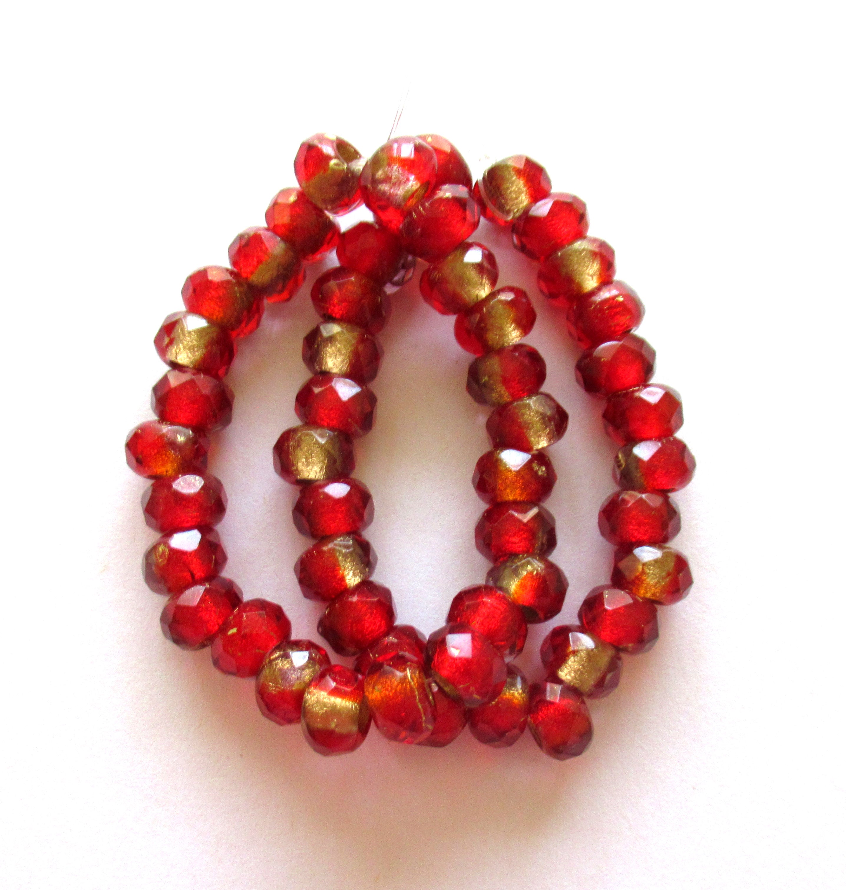 Ten Czech glass roller beads - 6 x 9mm siam red & crystal marbled gold lined, faceted roller, rondelle, big 3.5mm hole beads C0087