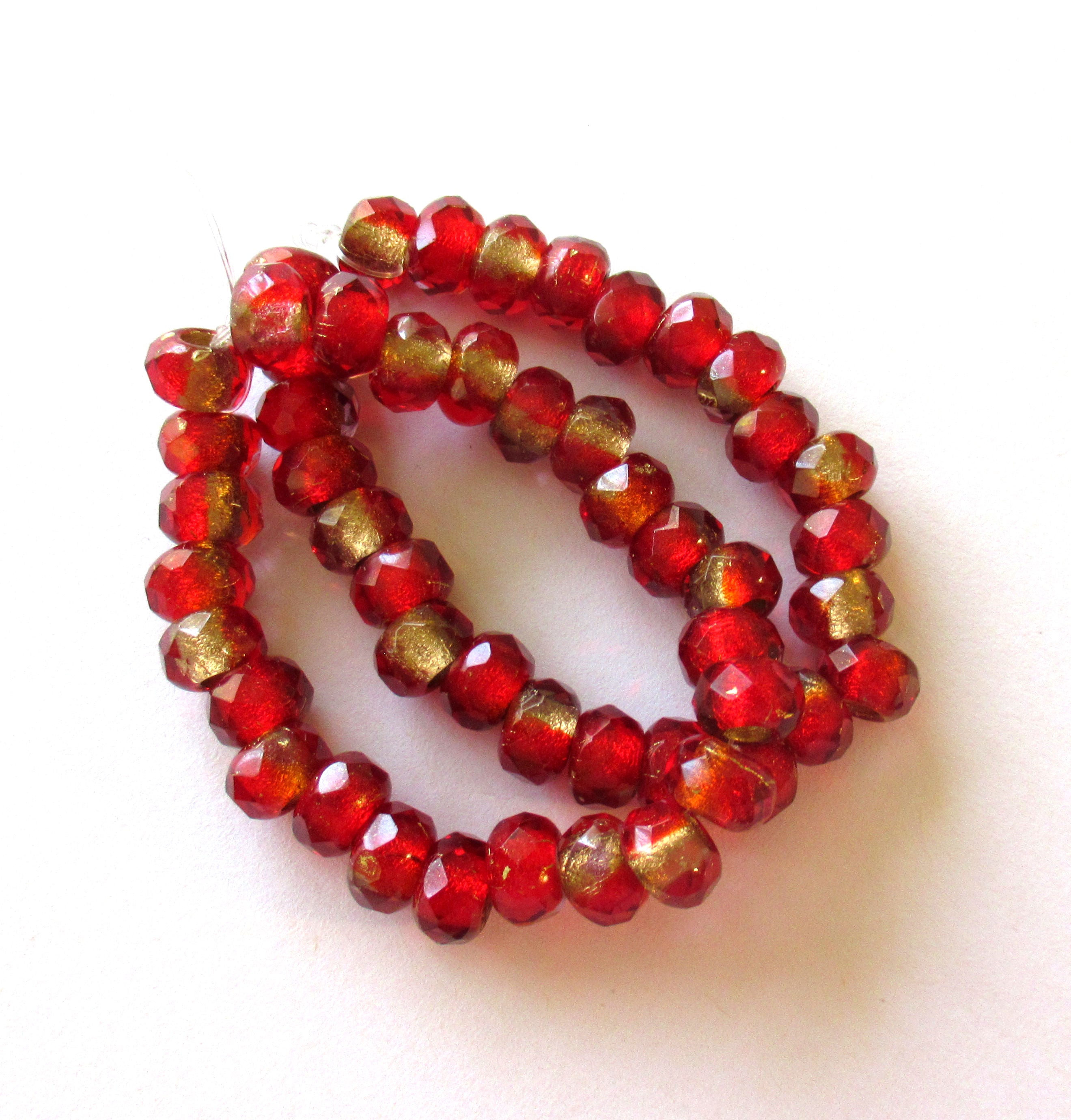Ten Czech glass roller beads - 6 x 9mm siam red & crystal marbled gold lined, faceted roller, rondelle, big 3.5mm hole beads C0087
