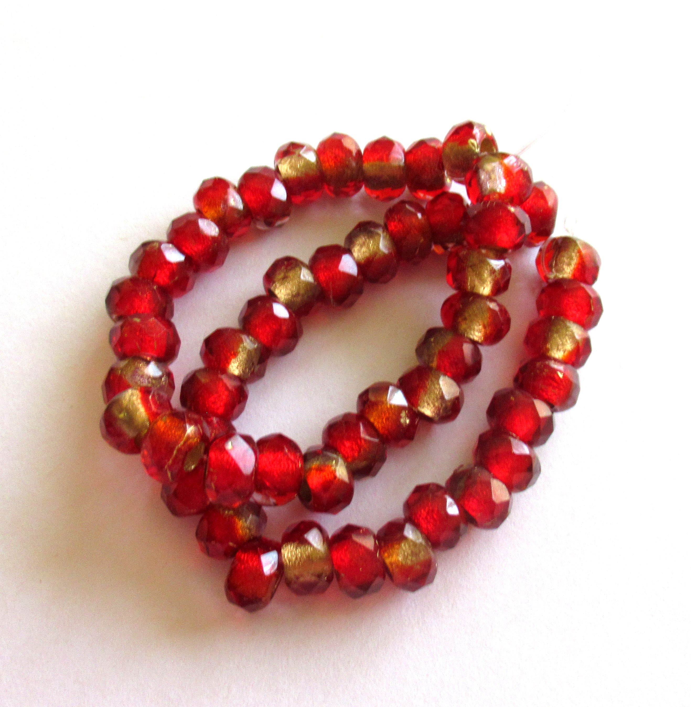 Ten Czech glass roller beads - 6 x 9mm siam red & crystal marbled gold lined, faceted roller, rondelle, big 3.5mm hole beads C0087