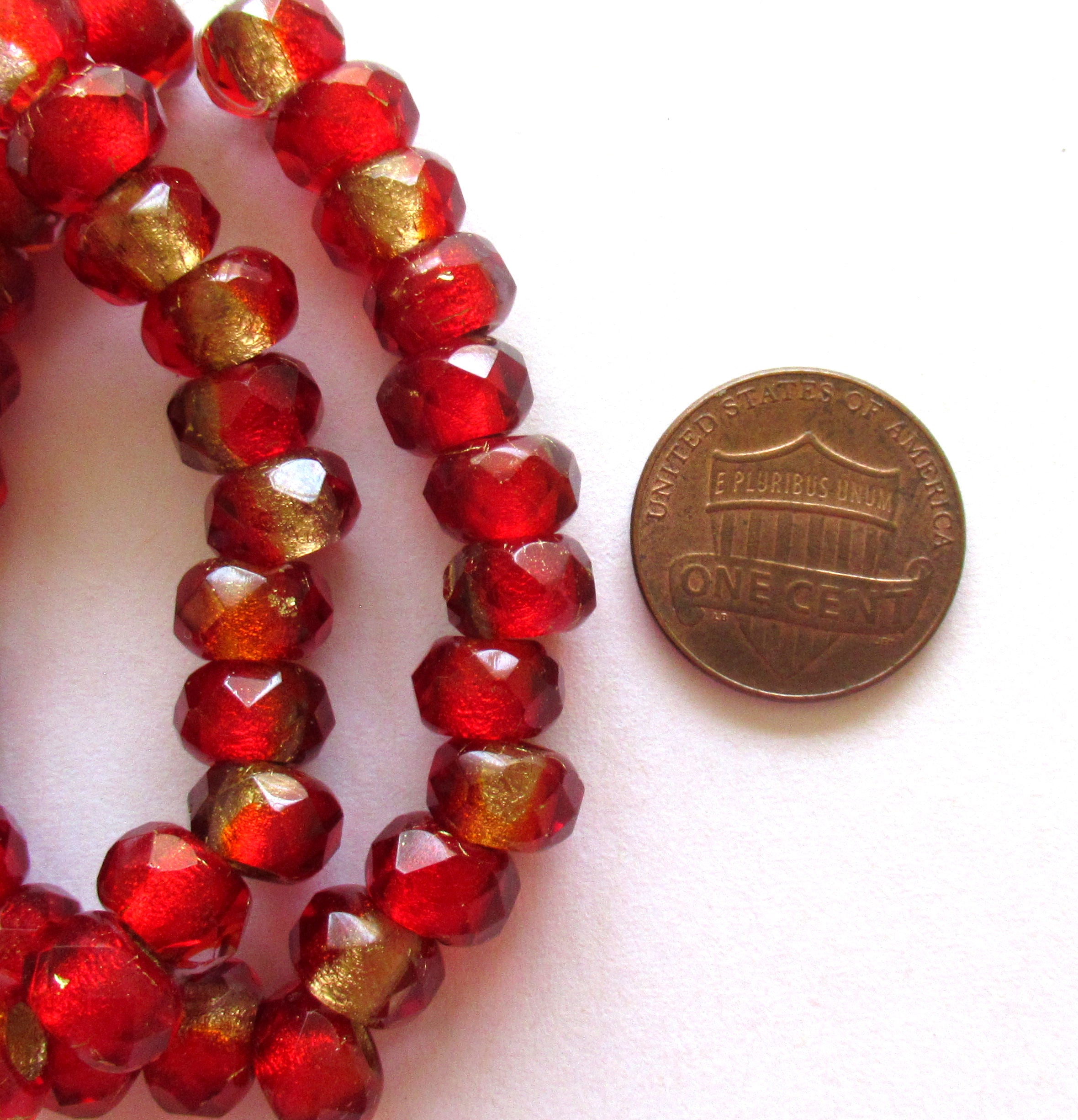 Ten Czech glass roller beads - 6 x 9mm siam red & crystal marbled gold lined, faceted roller, rondelle, big 3.5mm hole beads C0087