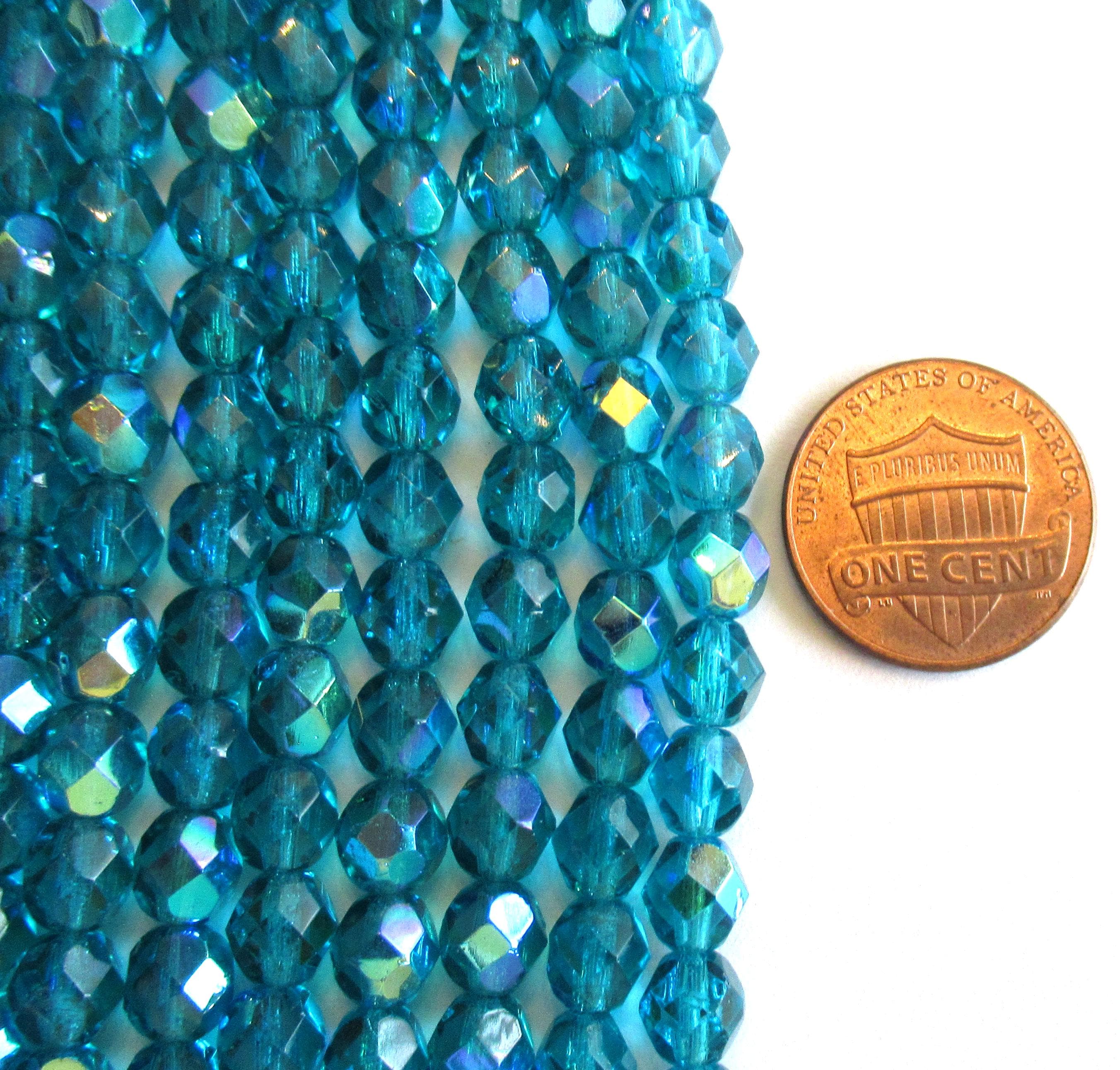 Lot of 25 Czech glass round beads - teal blue green zircon ab beads - 6mm - fire polished, faceted beads - C0036