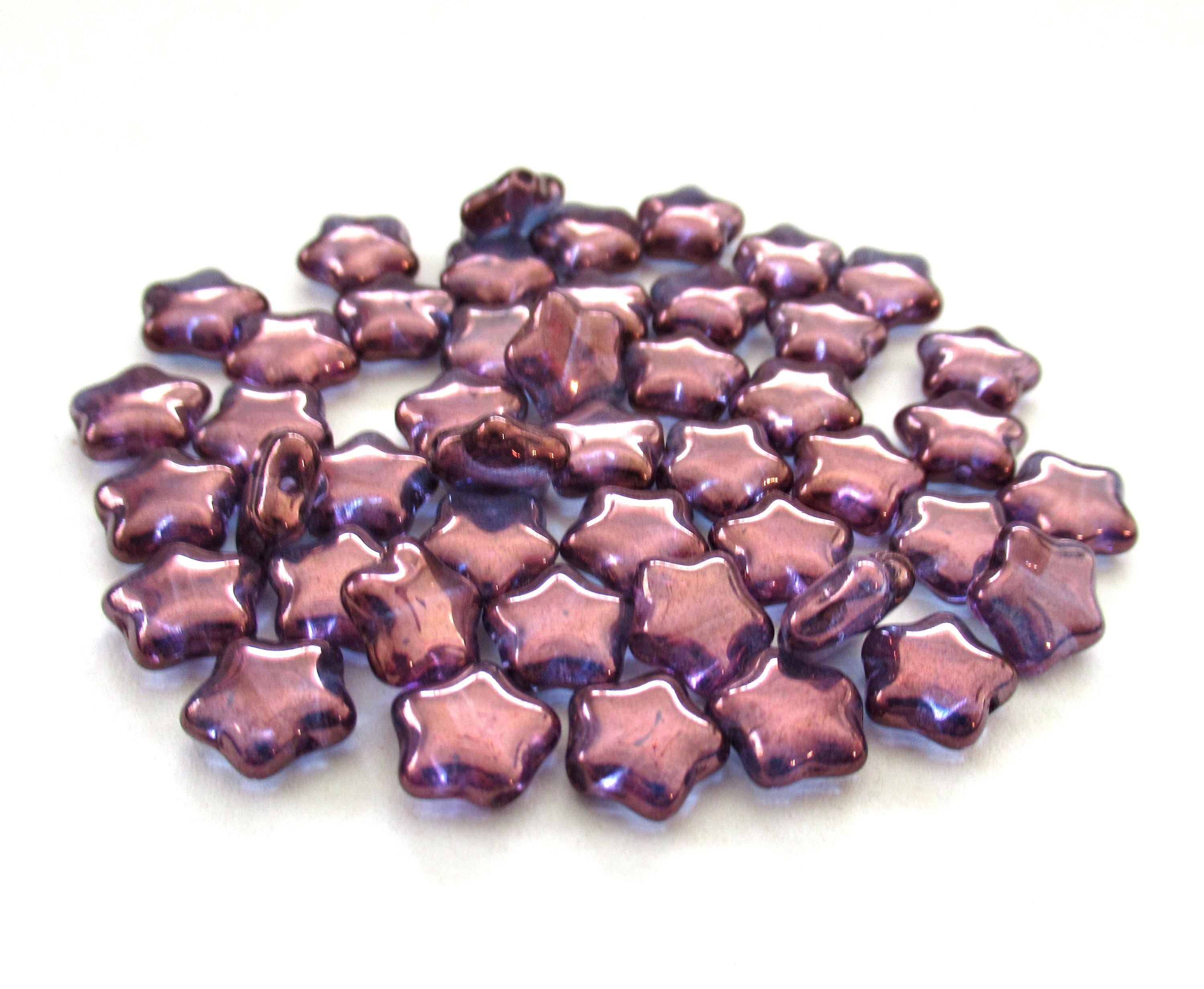 25 8mm small Czech glass star beads - lumi amethyst purple luster pressed glass beads - C0067