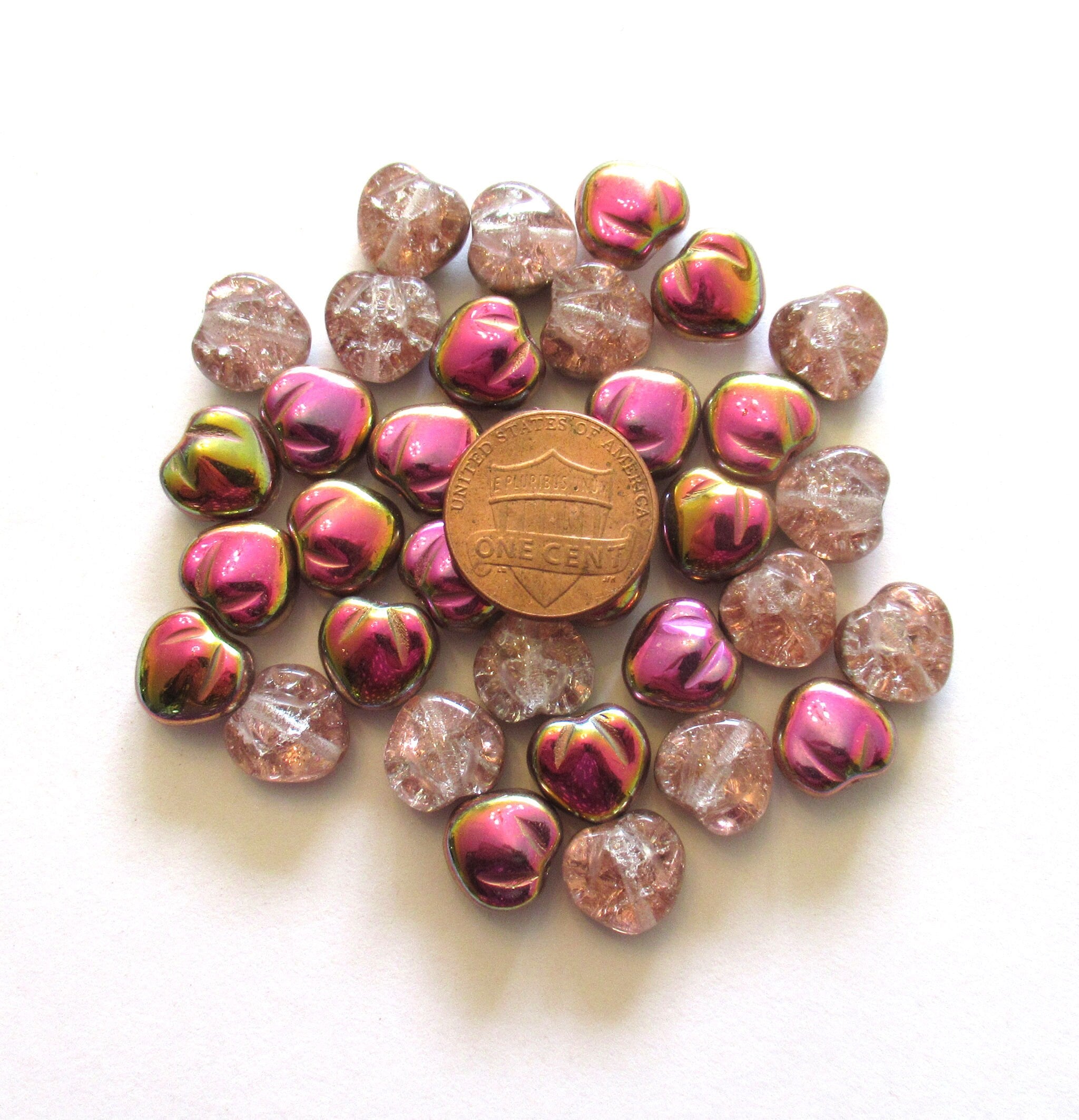 Ten Czech glass heart beads - 11mm pink crackle glass hearts with a pink / gold vitrail finish - C0049