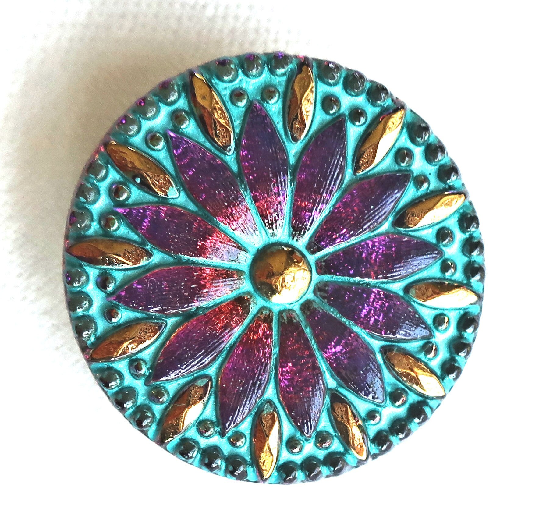 One 31mm Czech glass daisy flower button - iridescent pink & purple with gold accents and a turquoise wash - decorative shank button - 00054