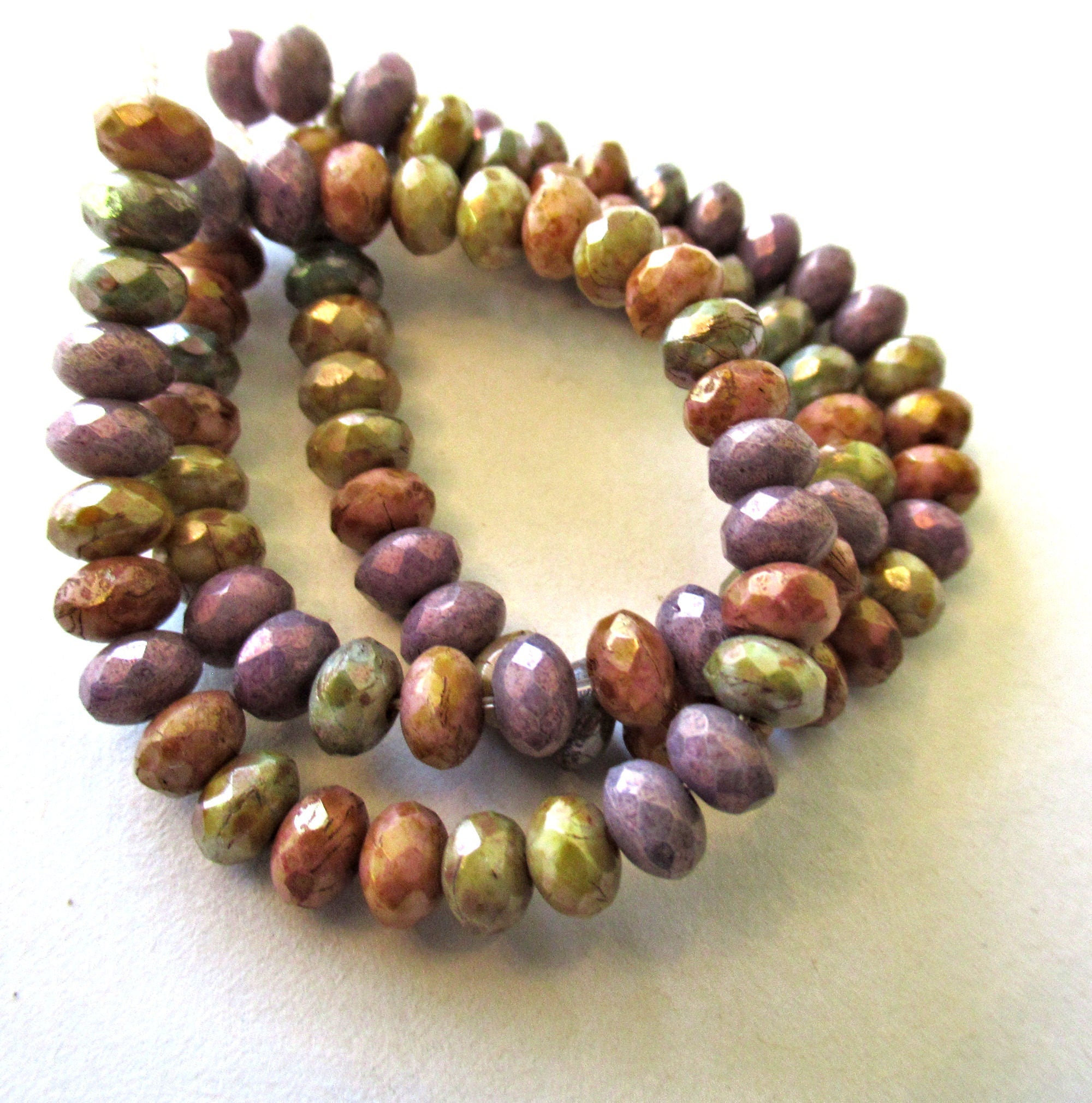 30 small Czech glass faceted puffy rondelles - 3 x 5mm opaque color mix w/ picasso accents - earthy rustic rondelle beads 00041
