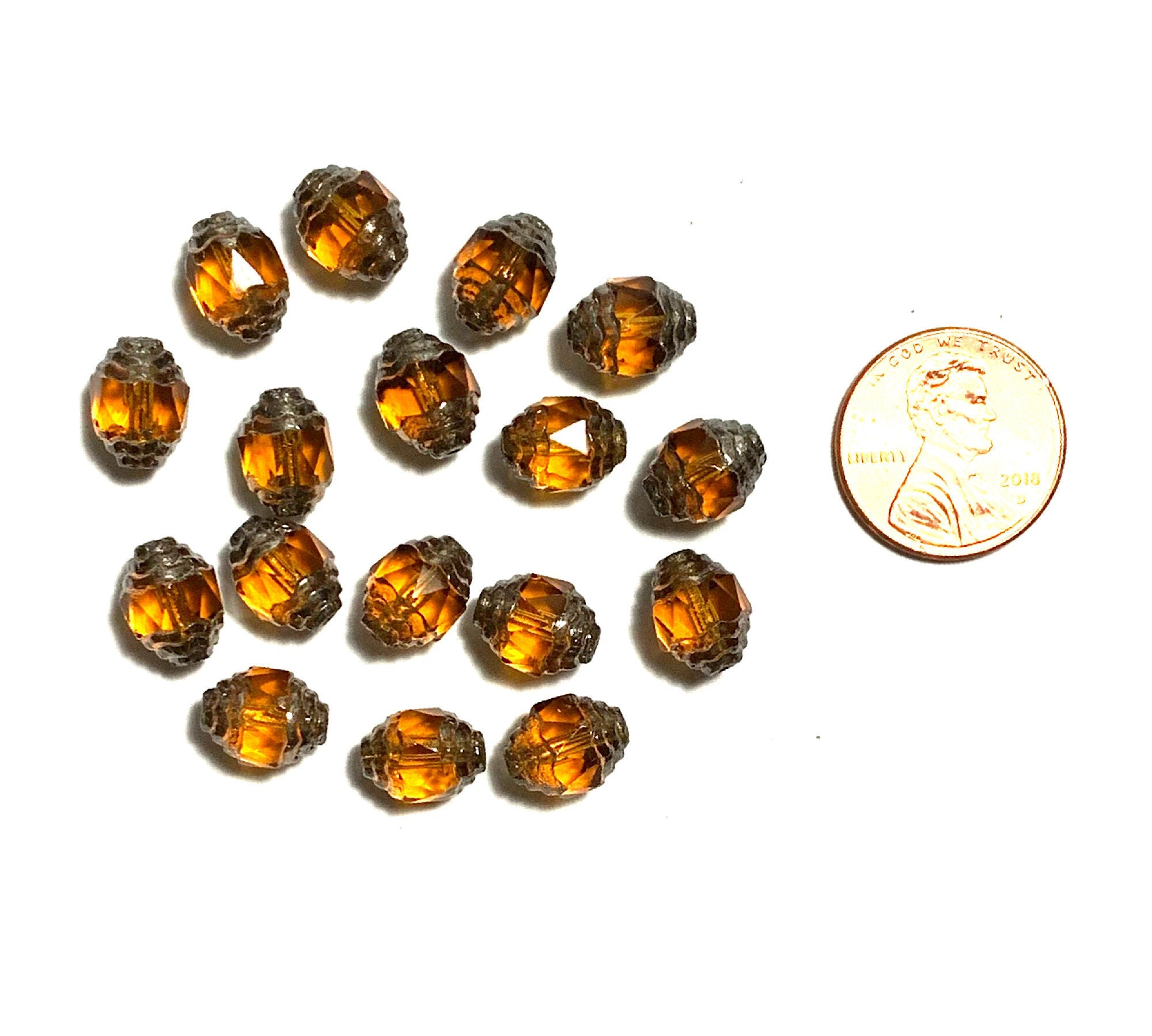 15 Czech glass fire polished faceted fancy antique cut oval cathedral beads - 10 x 8mm topaz brown beads with silver accents - C0058
