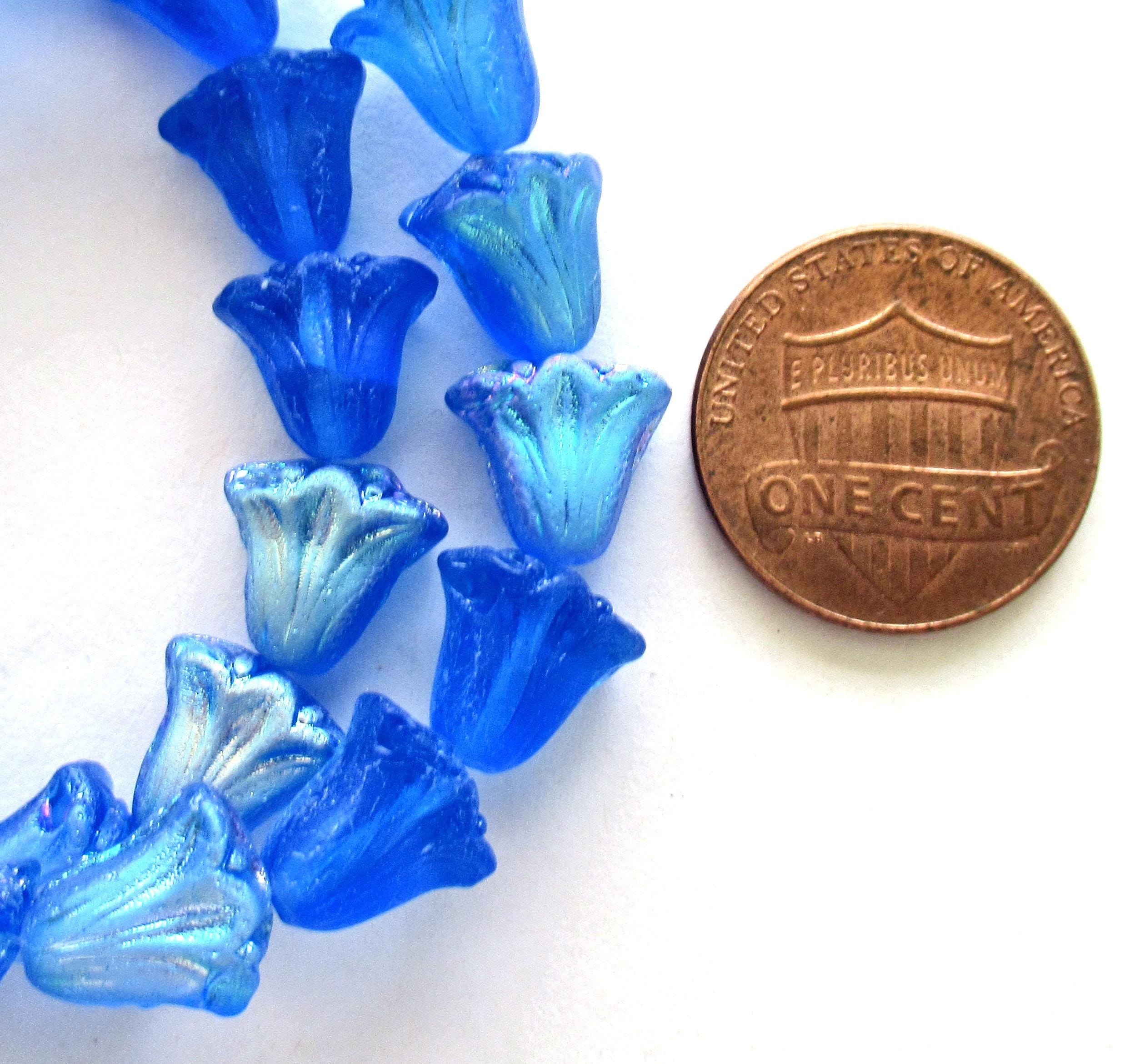 15 Czech glass flower beads - 9 x 10mm translucent matte sapphire blue ab beads - lily flower beads C00002