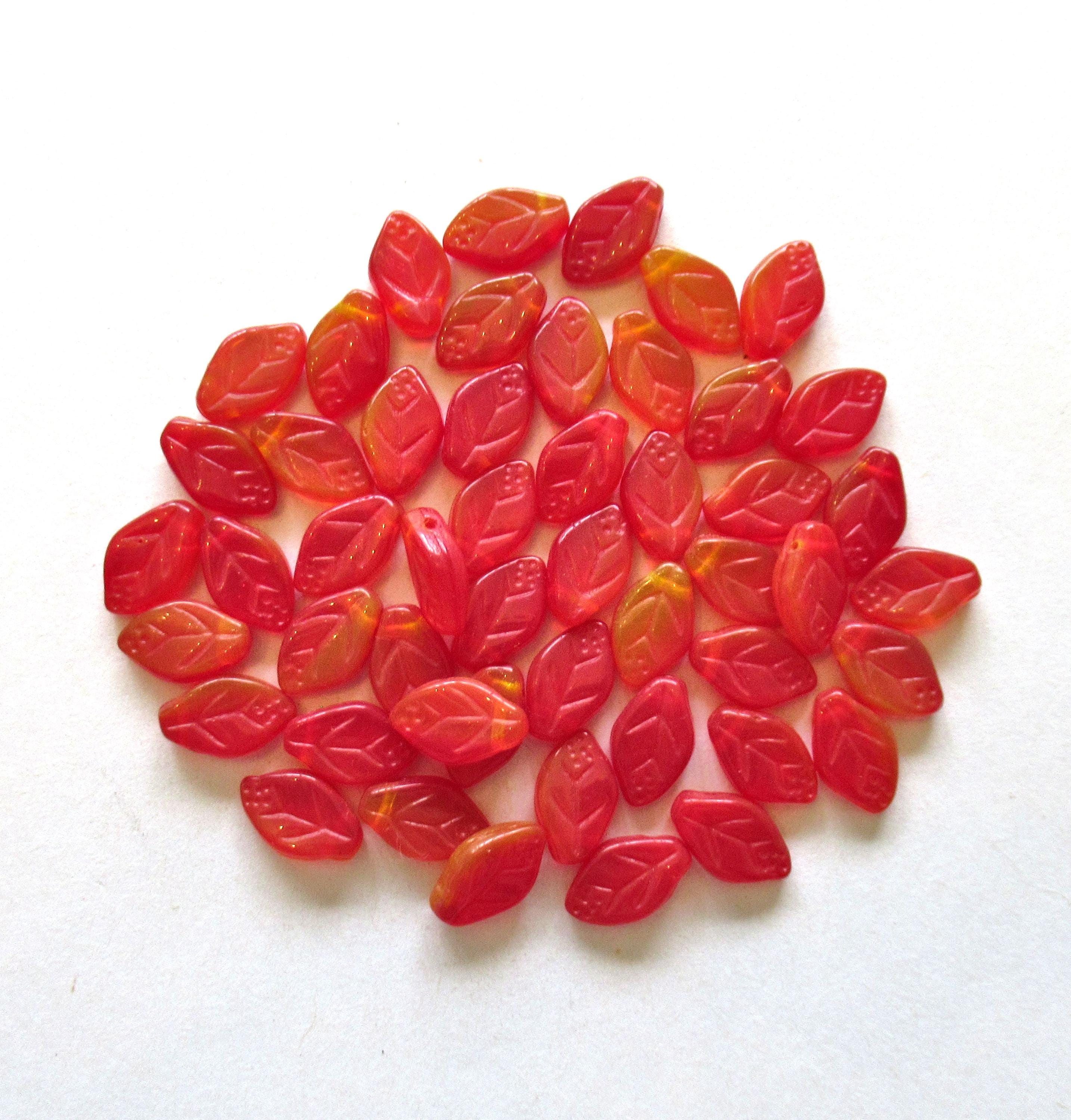 25 Czech glass leaf beads -red & yellow opaline mix - 12 x 8mm - side drilled leaves - C00011
