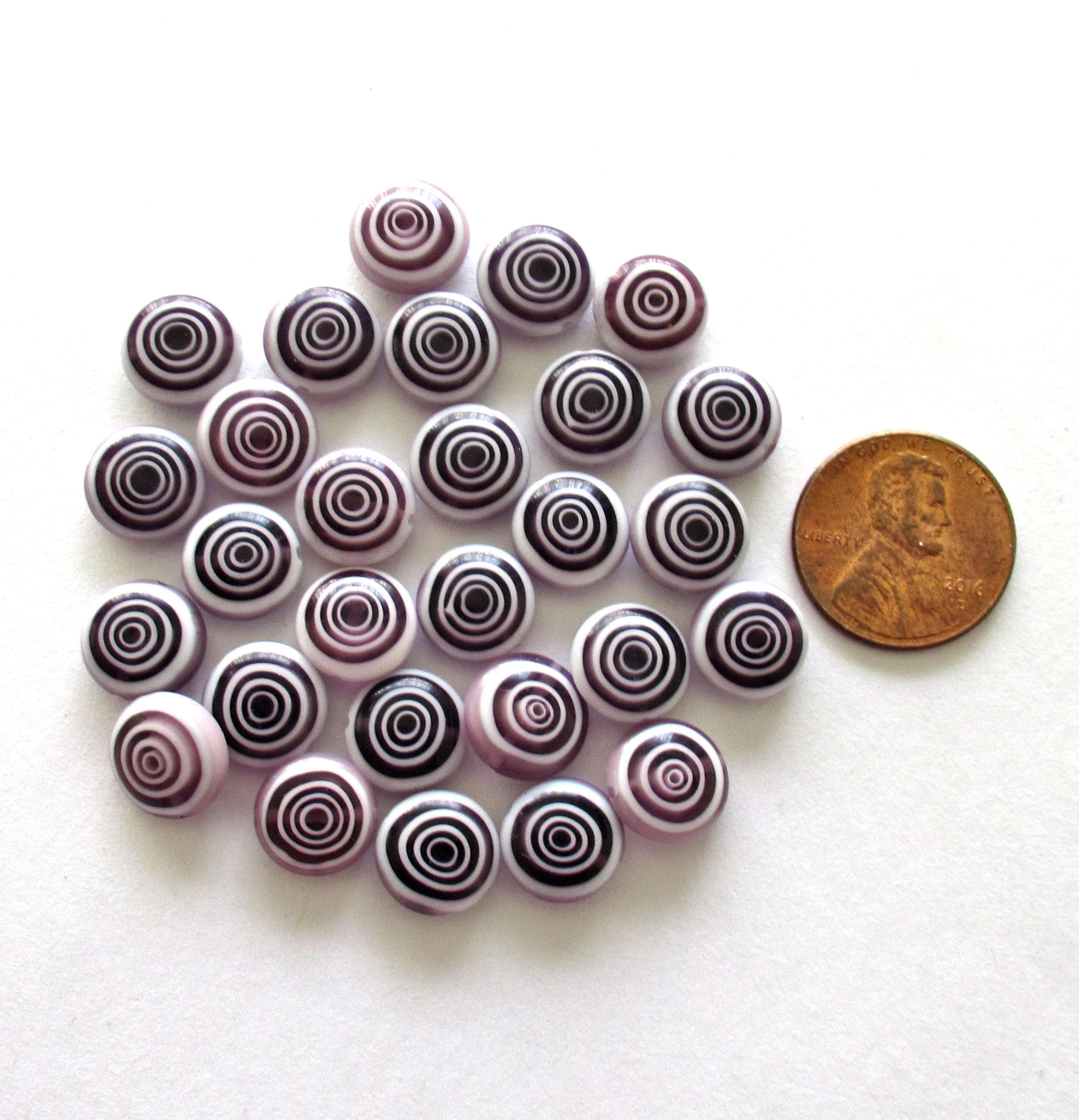Ten 10mm glass coin beads - amethyst / purple and white disc beads - target or concentric circles beads - C0001
