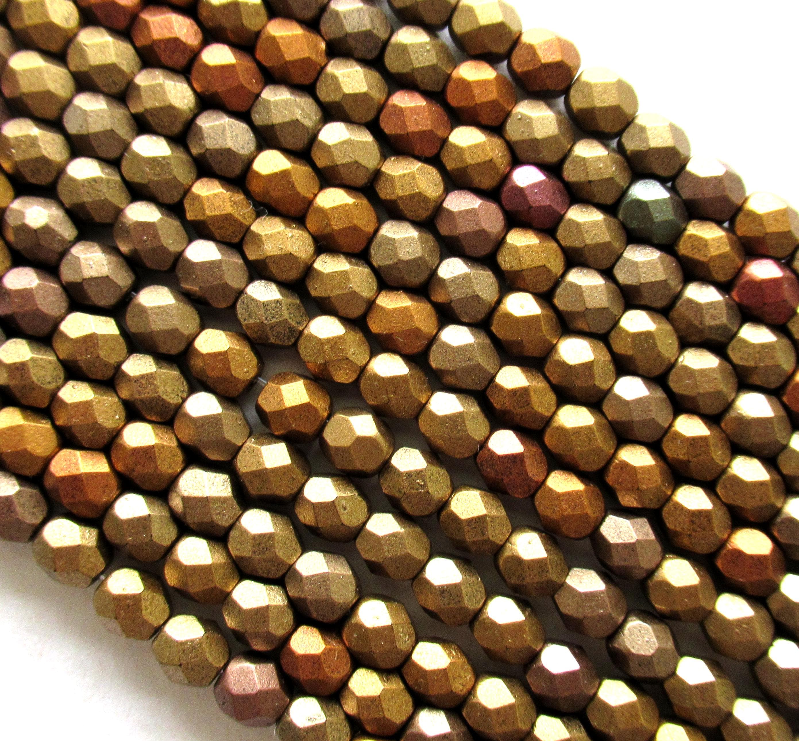 50 4mm Czech glass faceted round beads - matte metallic gold iris - fire polished beads, C1550