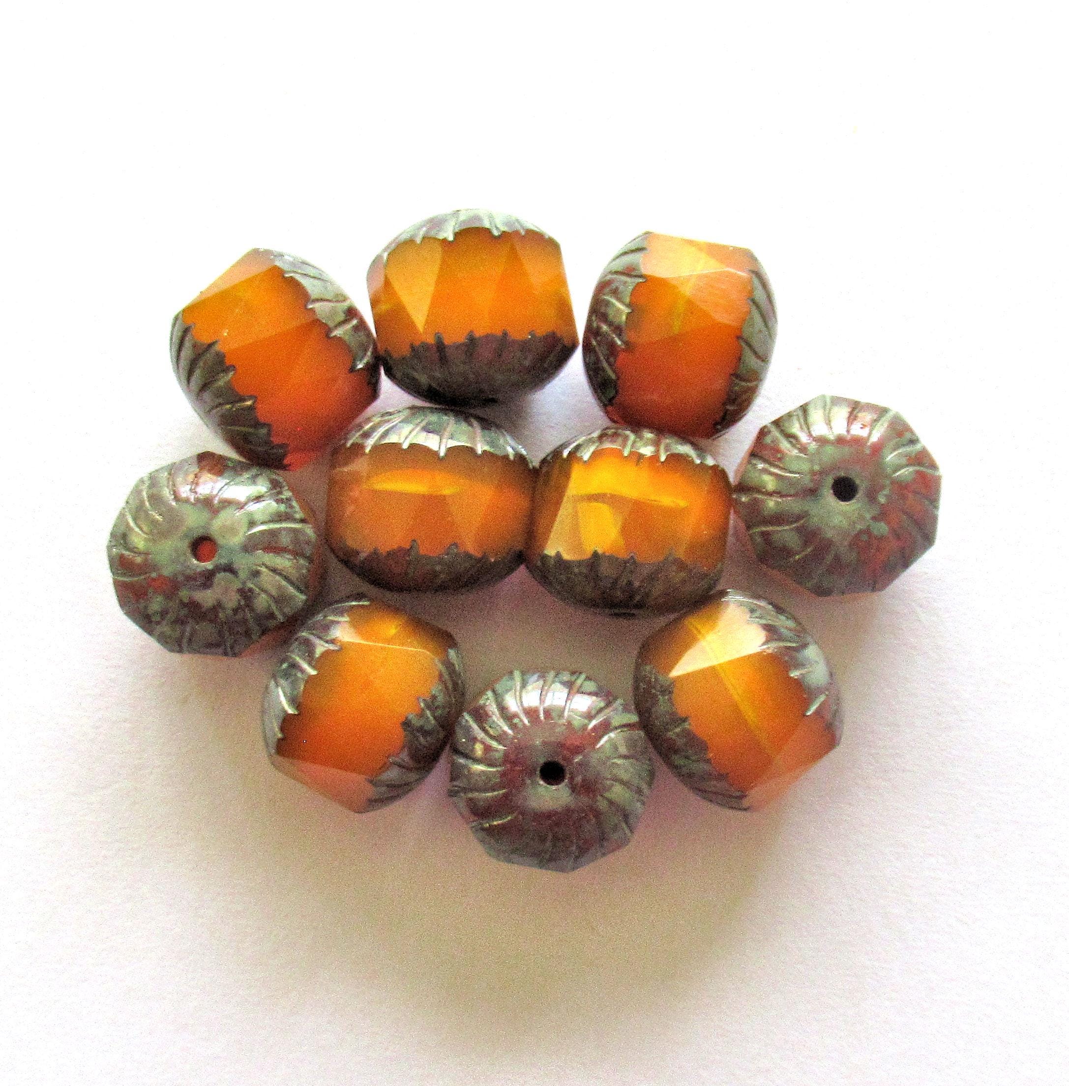 Ten large Czech glass center faceted carved cruller beads - 10mm - round pumpkin orange opal cathedral beads with picasso accents - 00005