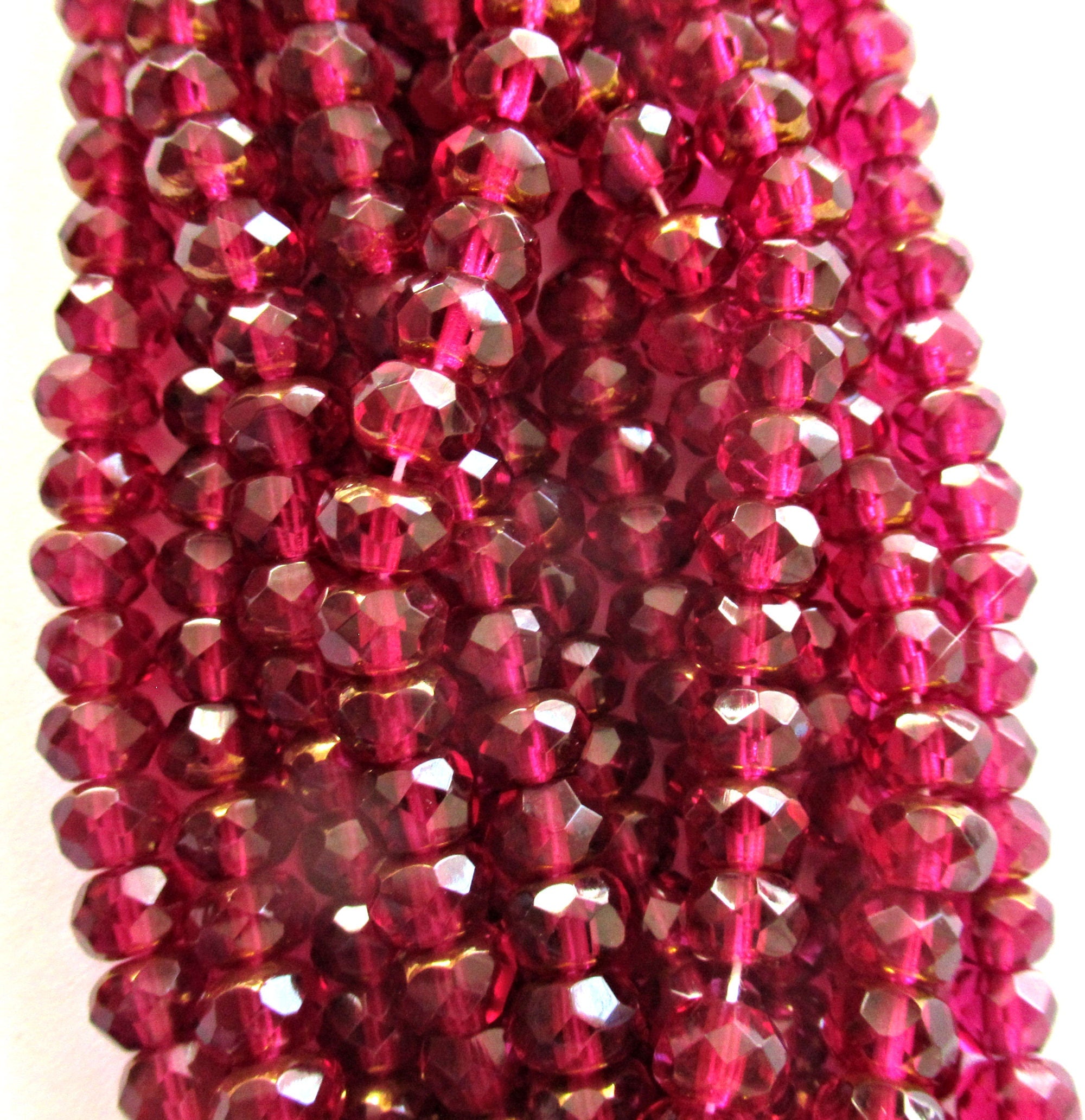 Lot of 25 Czech glass faceted puffy rondelle beads - 5 x 7mm fuchsia or deep pink with copper accents rondelles - C00411
