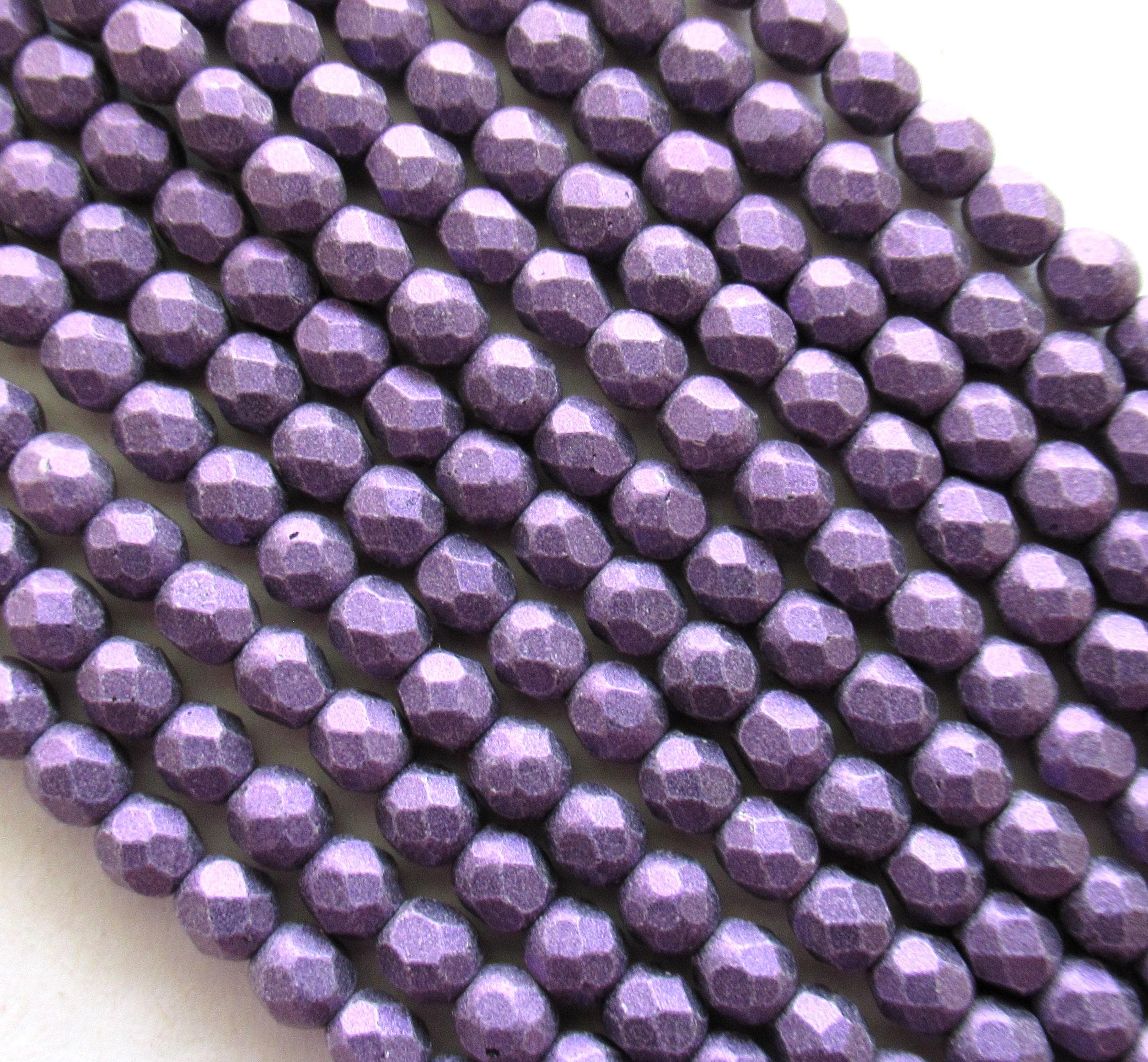 50 3mm Czech faceted round glass beads - Matte Metallic Purple Suede - fire polished beads - C0025